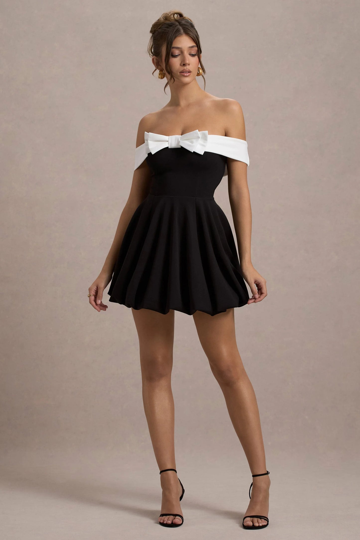 Minimoiselle Black & White Bow Bardot Mini Dress With Puff-Ball Skirt