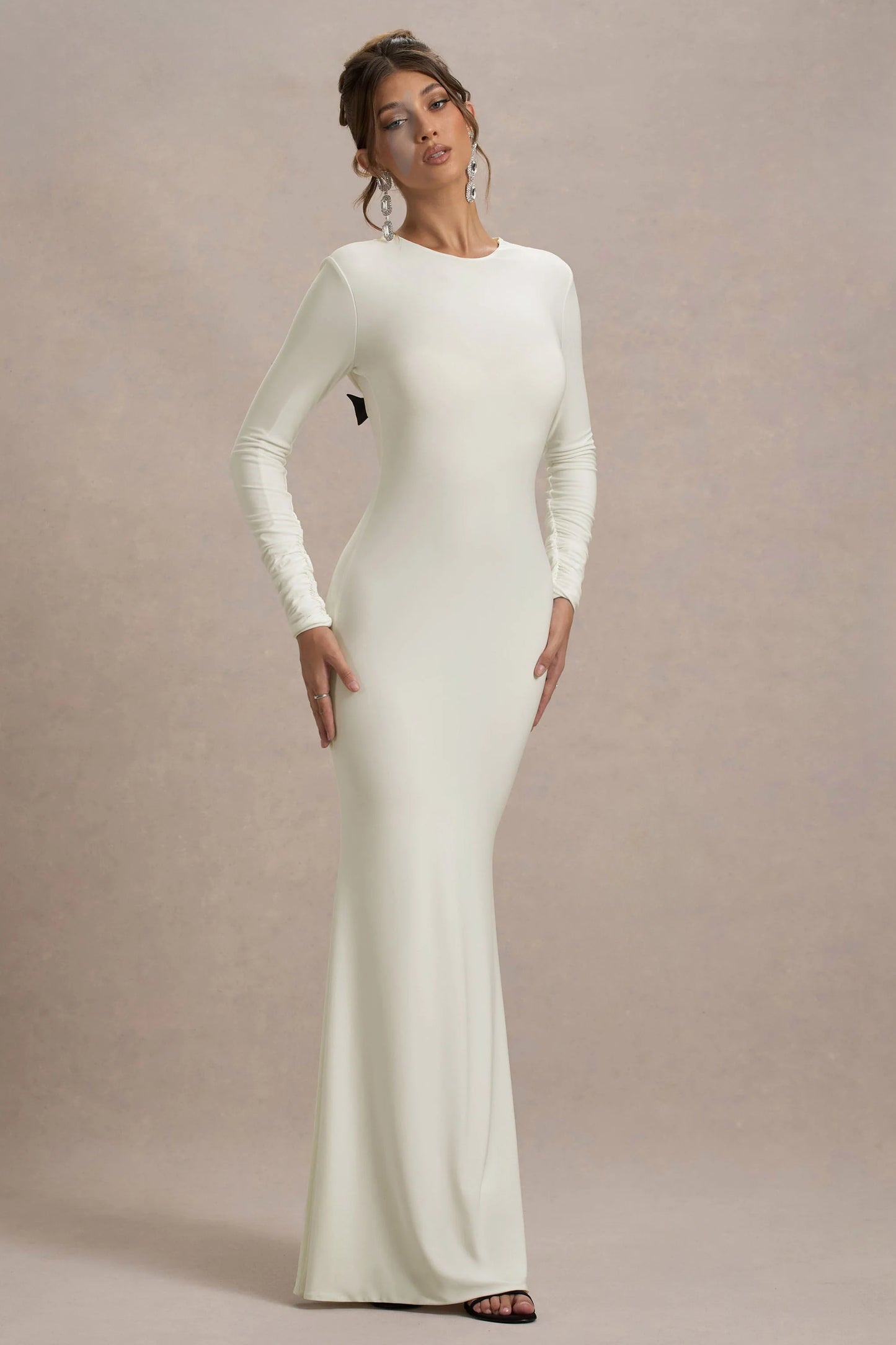 Rosalee Cream Long-Sleeve Cowl-Back Maxi Dress With Bows