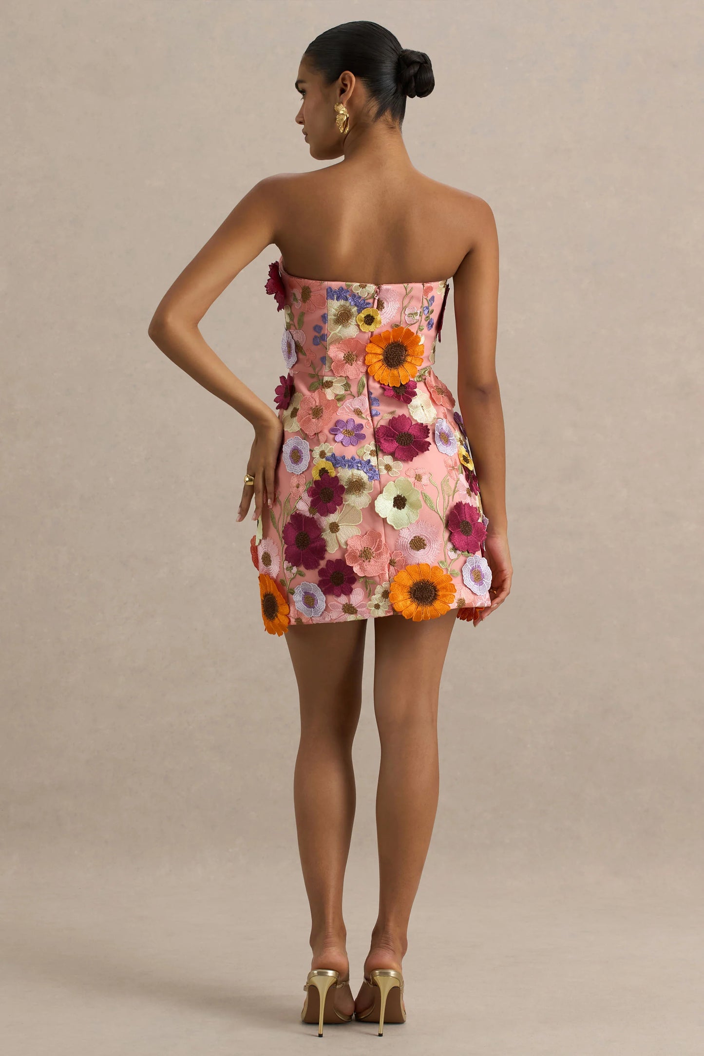 Kristen Pink Floral Bandeau-Neck Mini Dress
