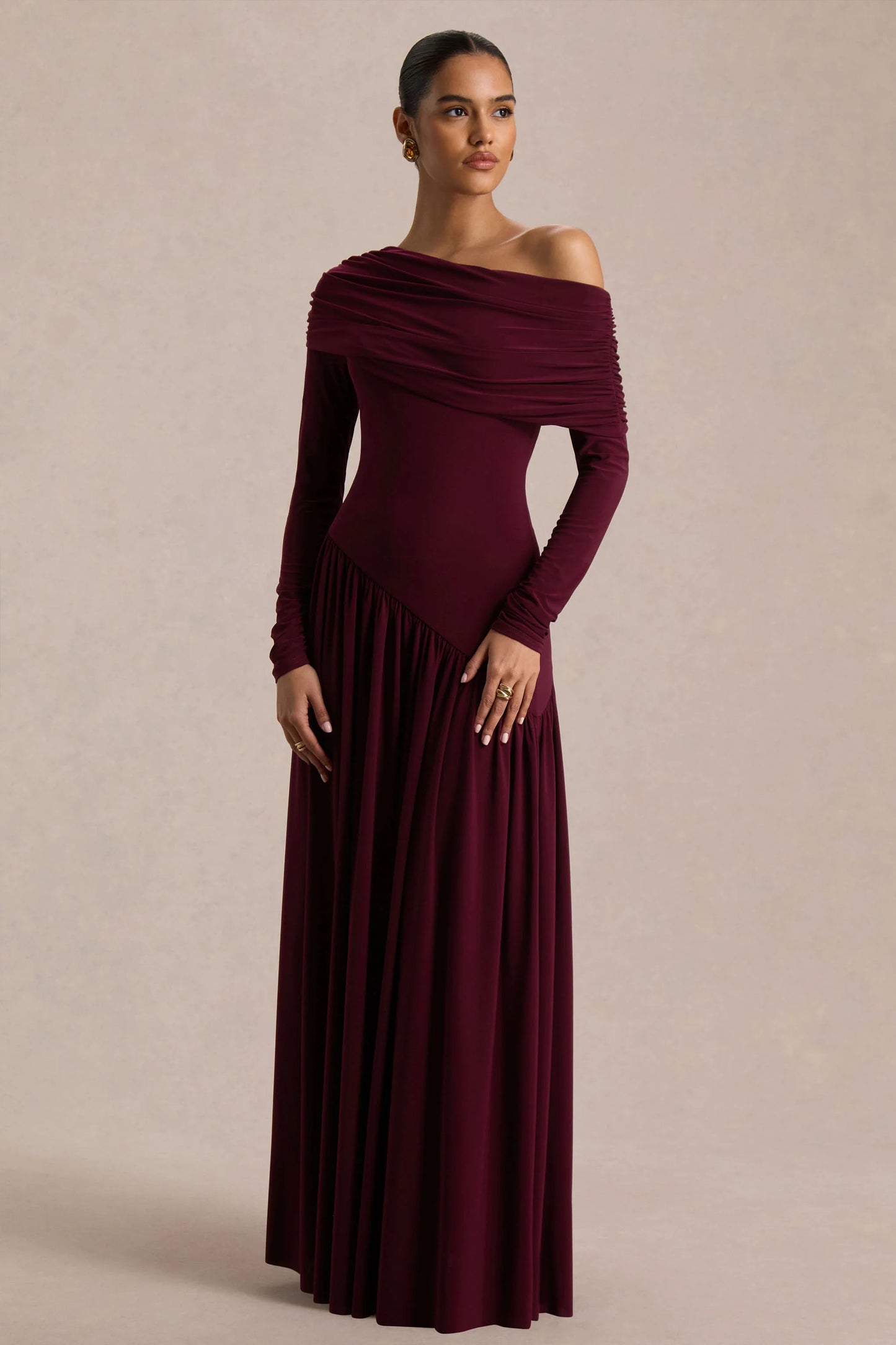 Farah Burgundy Asymmetric-Neck Maxi Dress With Drop Waist And Ruched Detailing