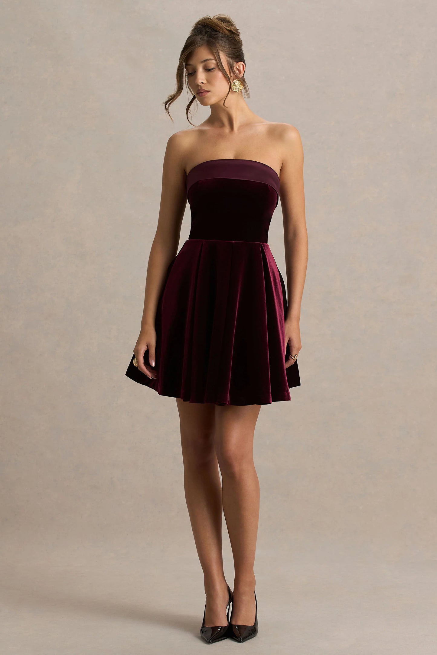 Mina Burgundy Velvet And Satin Bandeau Skater Mini Dress