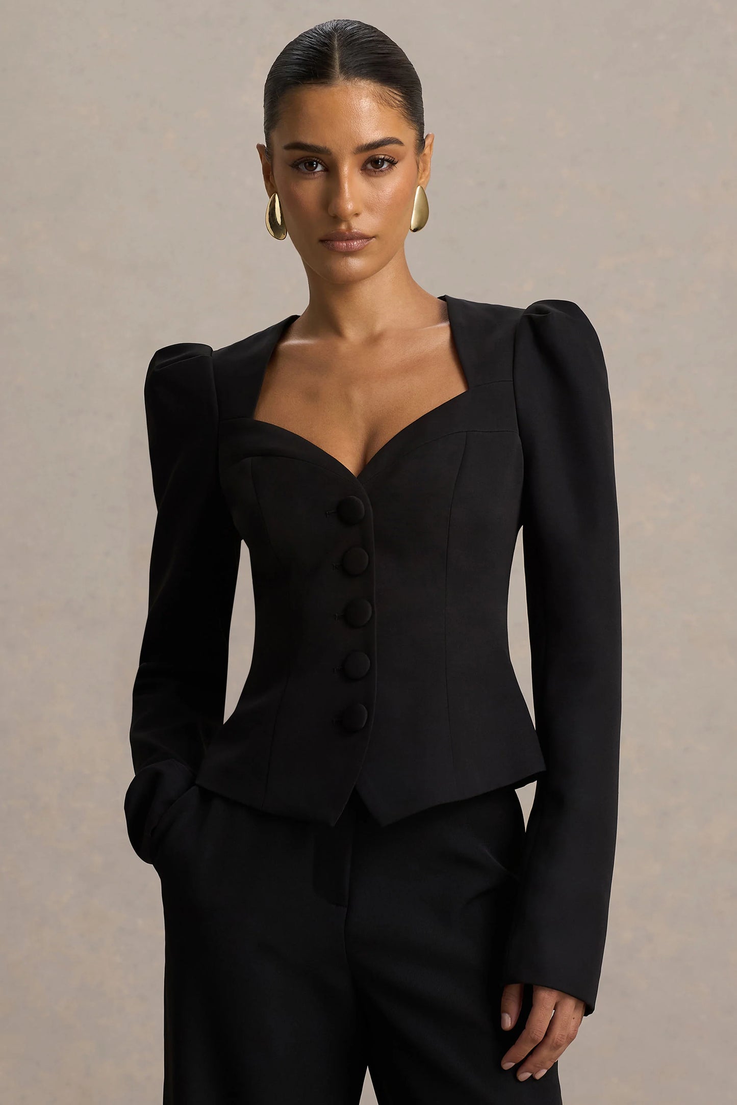 Olympia Black Sweetheart-Neck Tailored Top