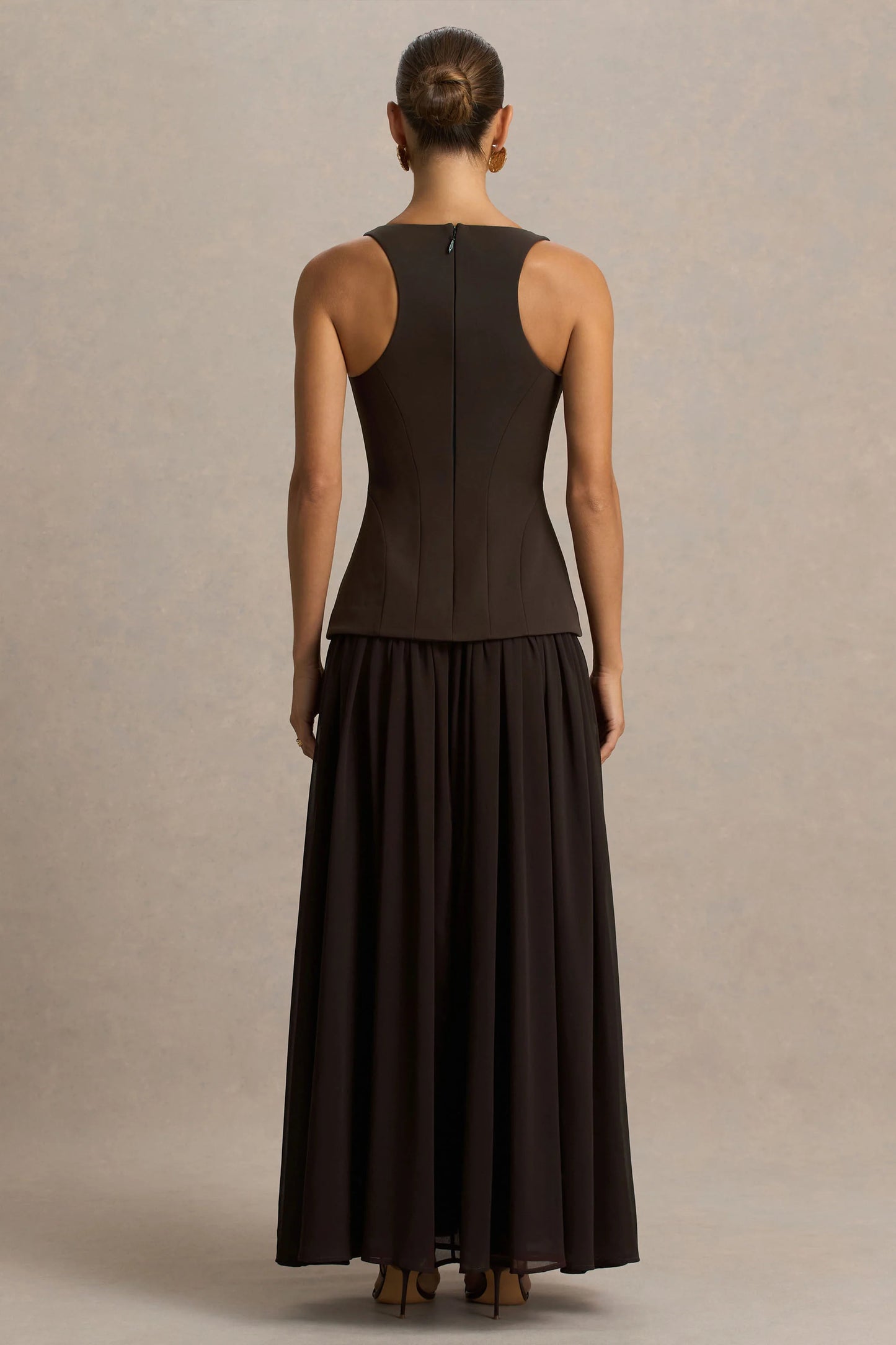 Kelly Brown Scoop-Neck Maxi Dress With Pleated Mesh Skirt