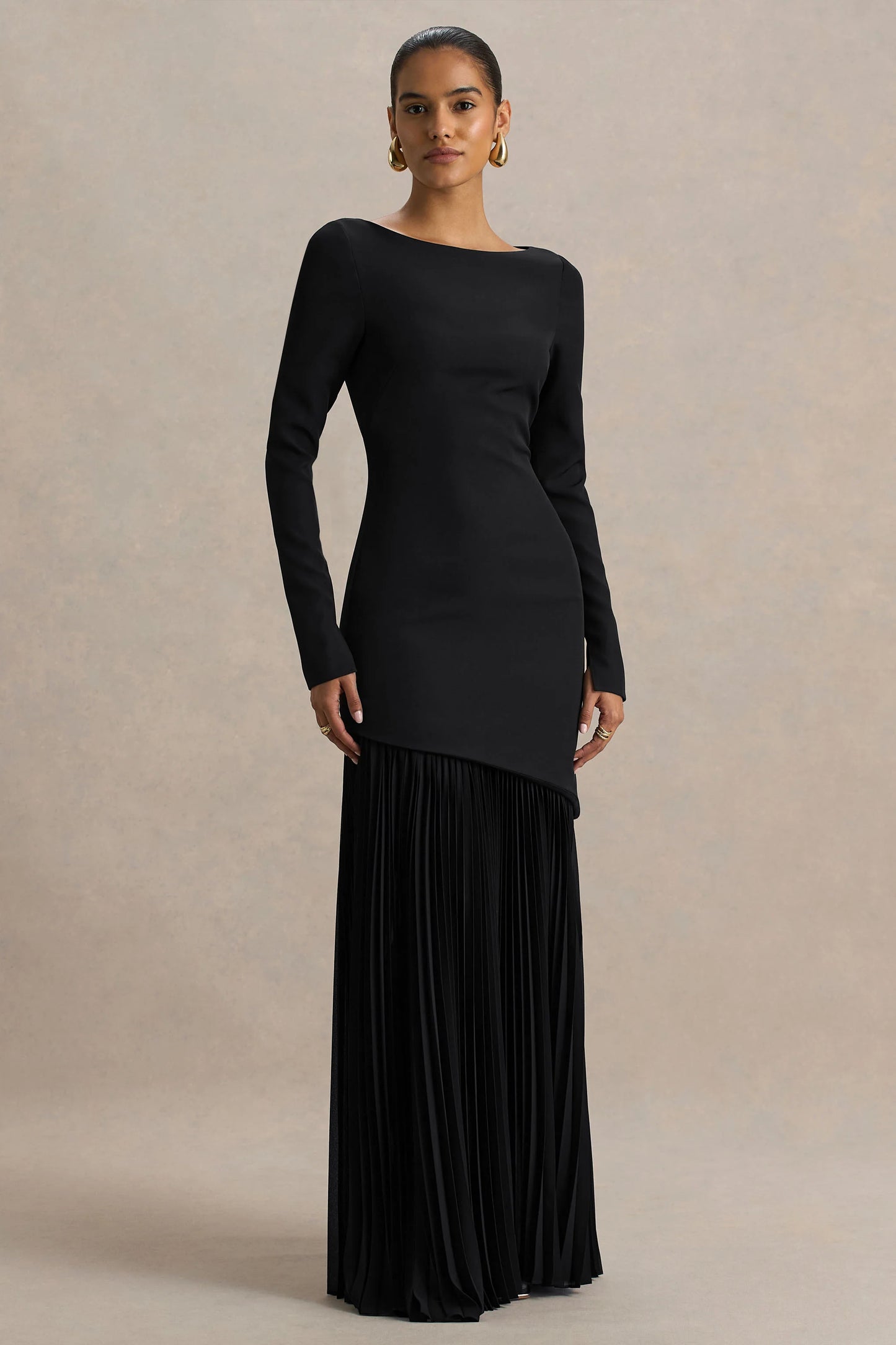 Yanira Black Crepe And Georgette Boat-Neck Maxi Dress With Drop Waist