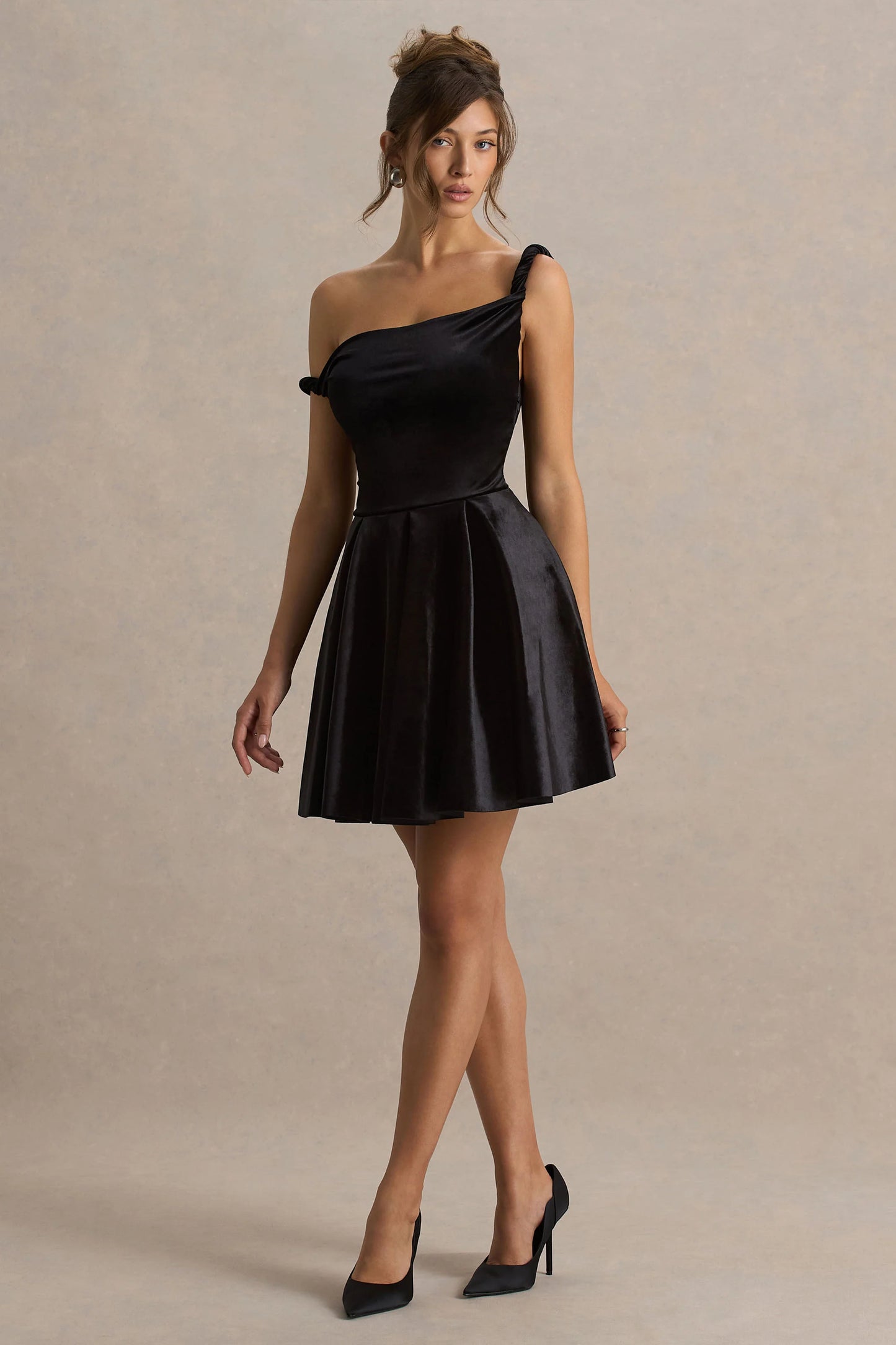 Leticia Black Asymmetric-Neck Velvet Mini Dress With Twist-Sleeve