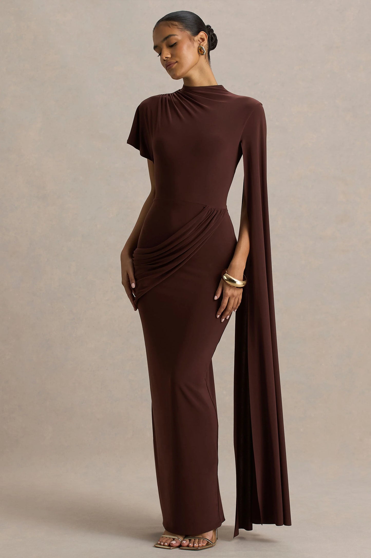 Tropic Brown High-Neck Maxi With Long Cape Sleeve