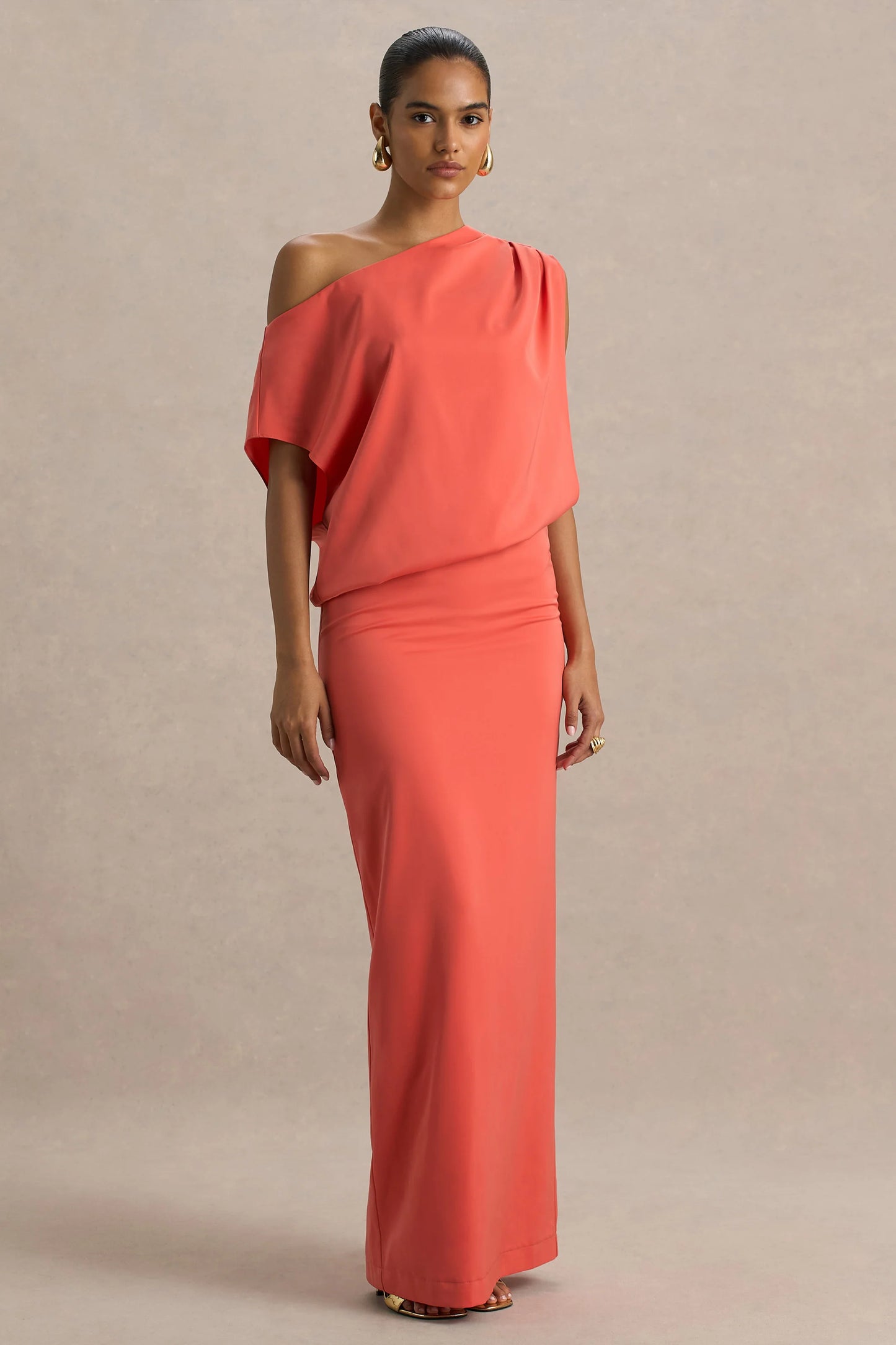 Ronnie Coral Satin Asymmetric-Neck Maxi Dress With Draping Detail