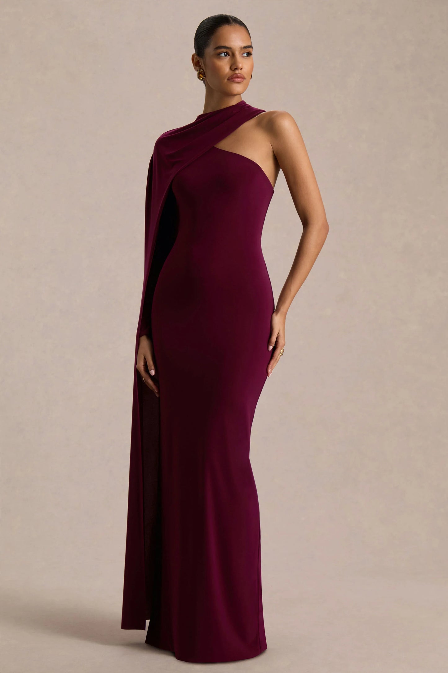 Dawn Burgundy Asymmetric-Neck Maxi Dress With One Long-Sleeve And Cape