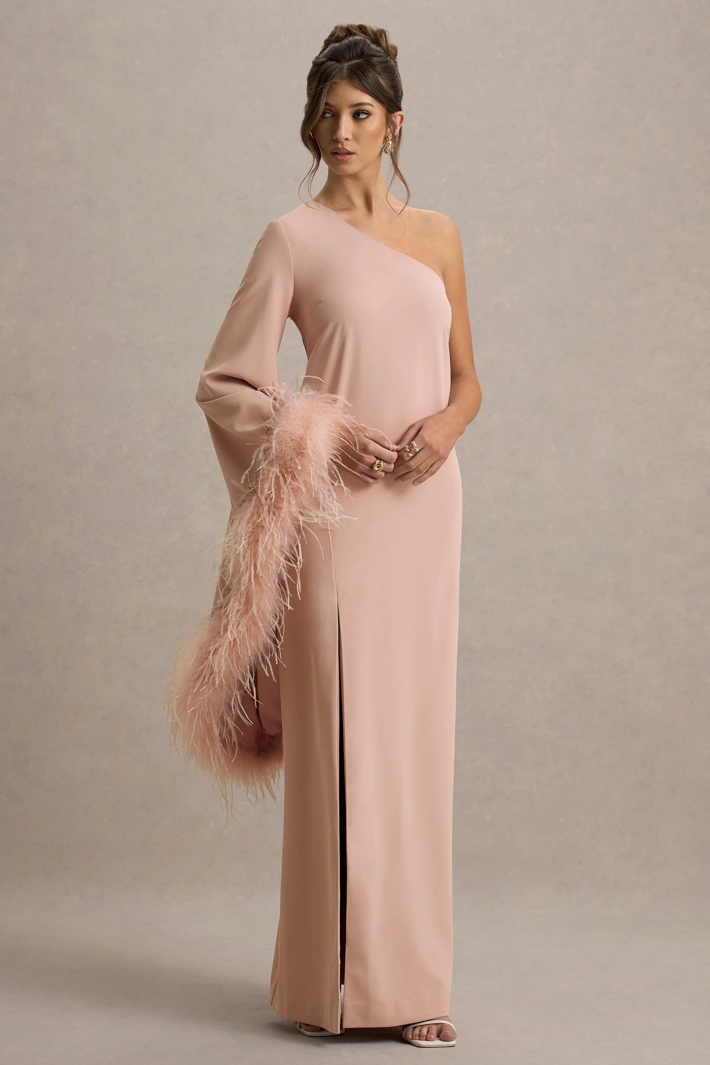 Armina Blush Pink One-Shoulder Feather-Trim Maxi Dress