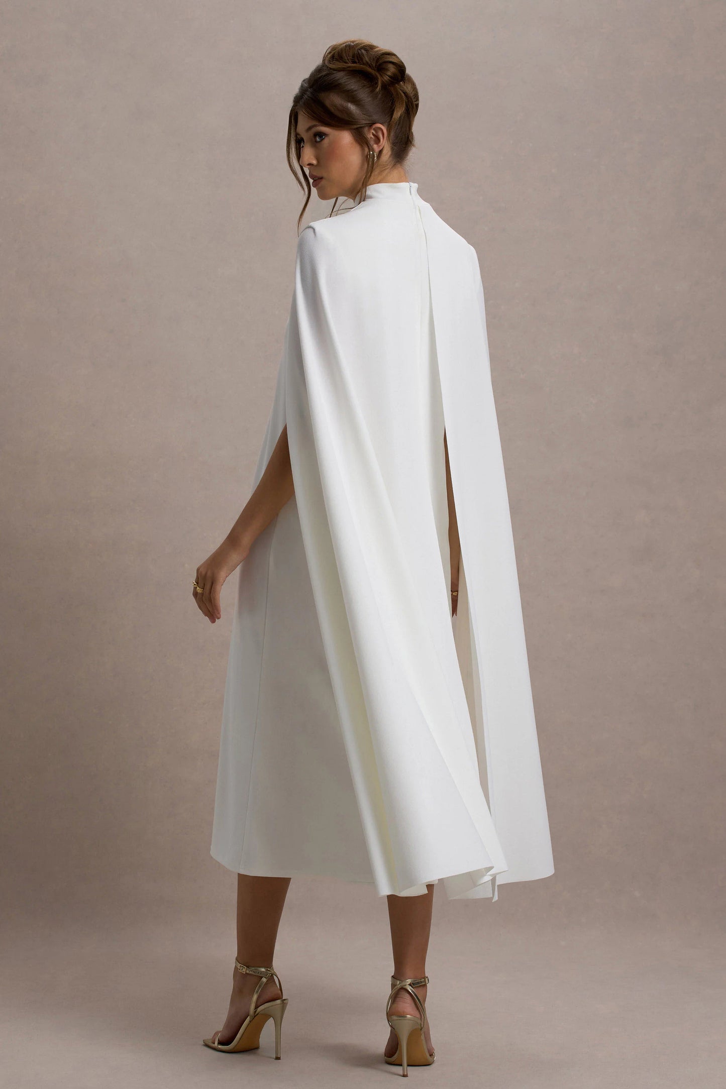 Carnation White Long-Sleeve Midi Dress With Cape