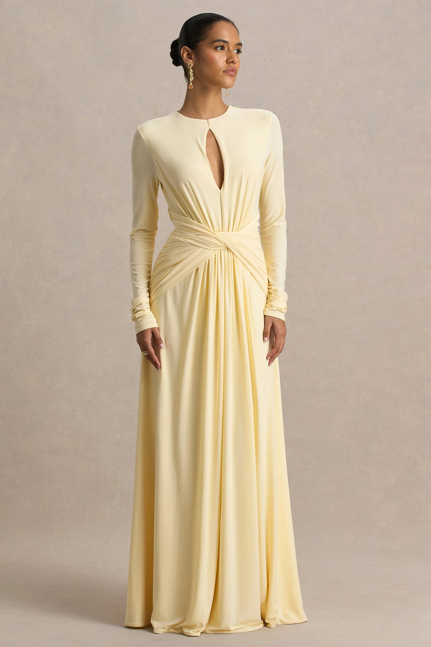 With Me Lemon High-Neck Maxi Dress With Ruched Detailing