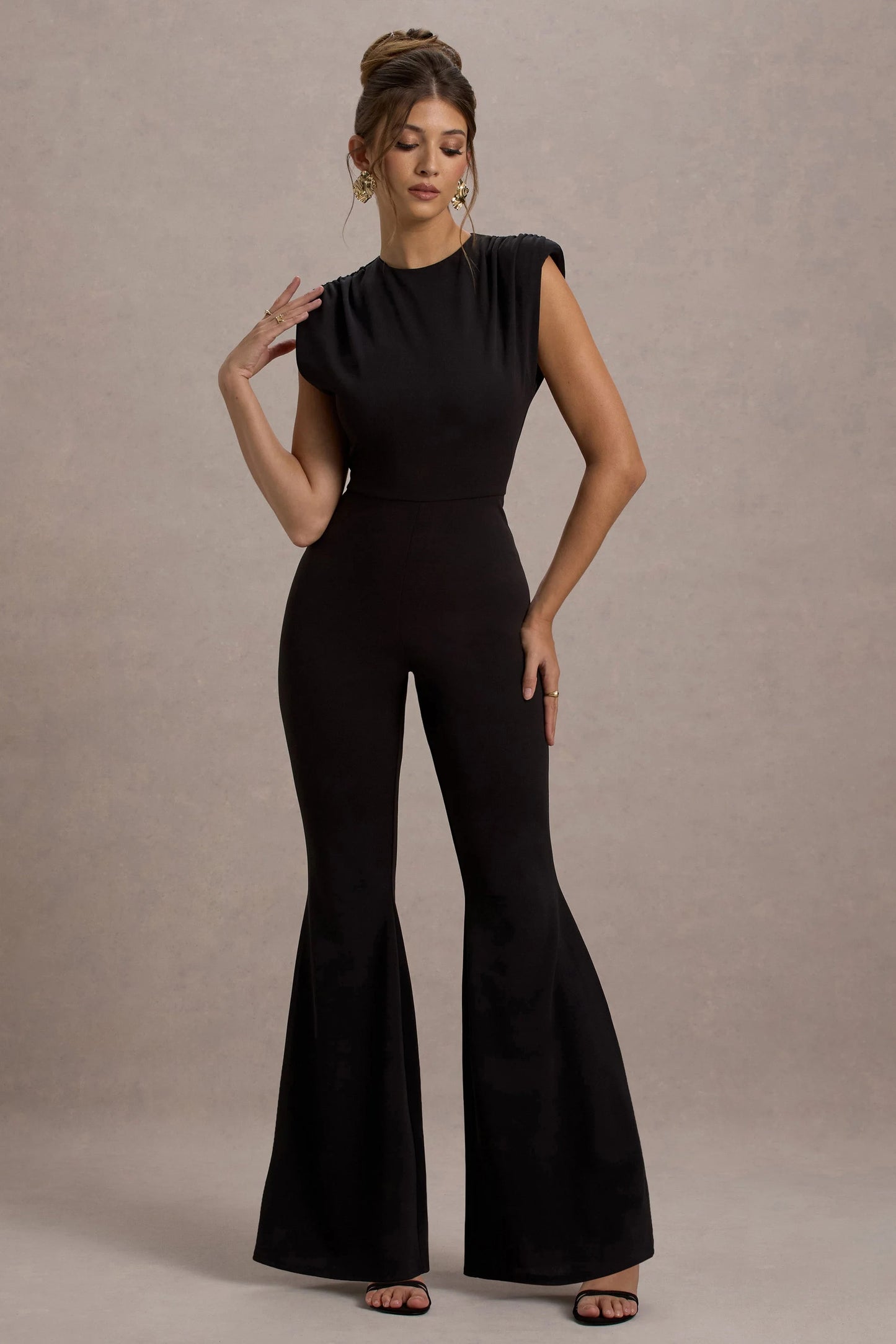Elyna Black High-Neck Draped Flared-Leg Jumpsuit