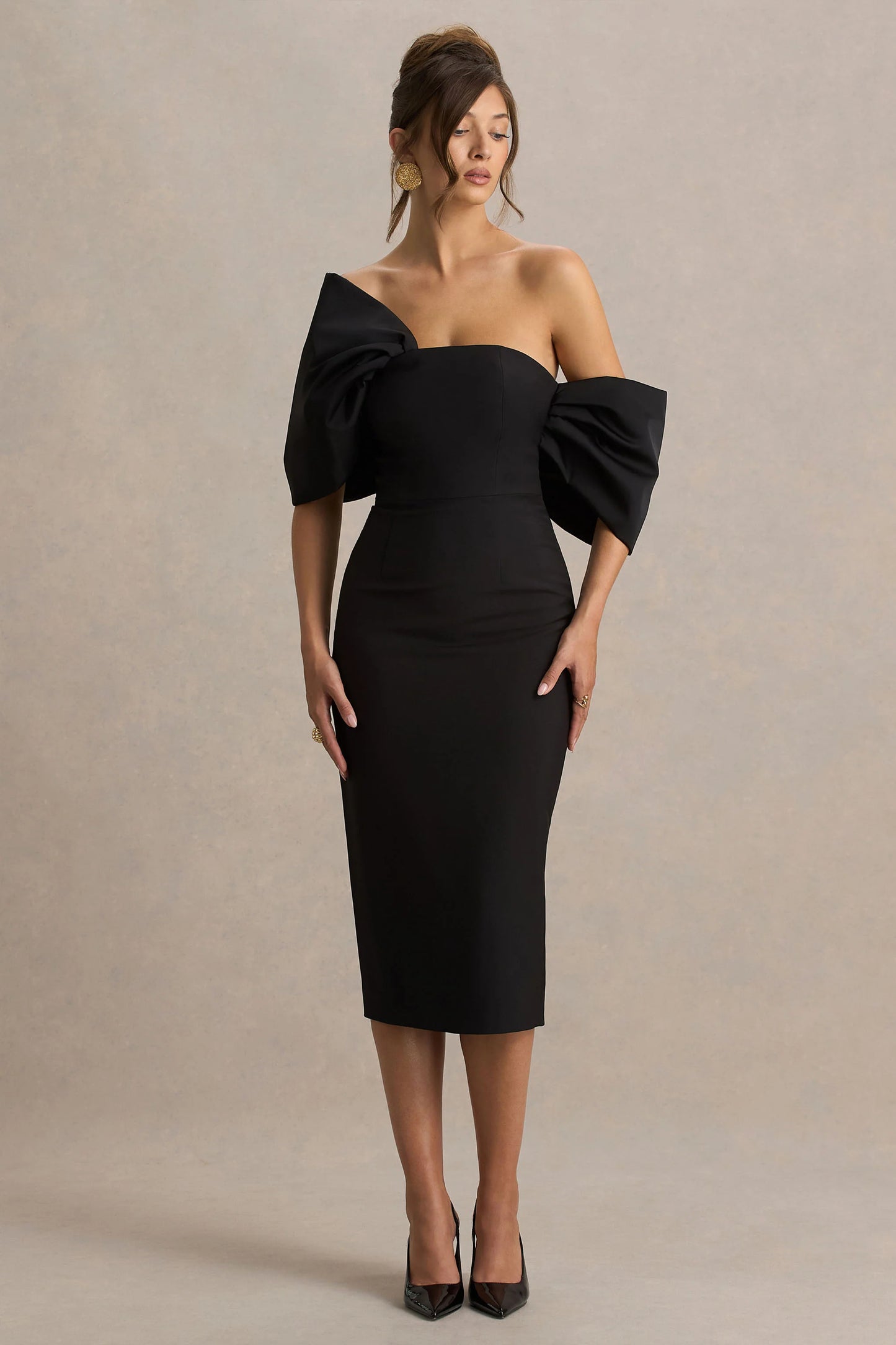 Lucille Black Asymmetric Bardot Midi Dress With Bow Detail
