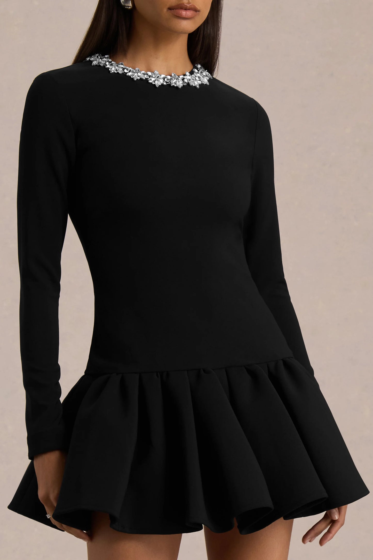 My Wish Black Embellished Crew-Neck Mini Dress With Drop-Waist