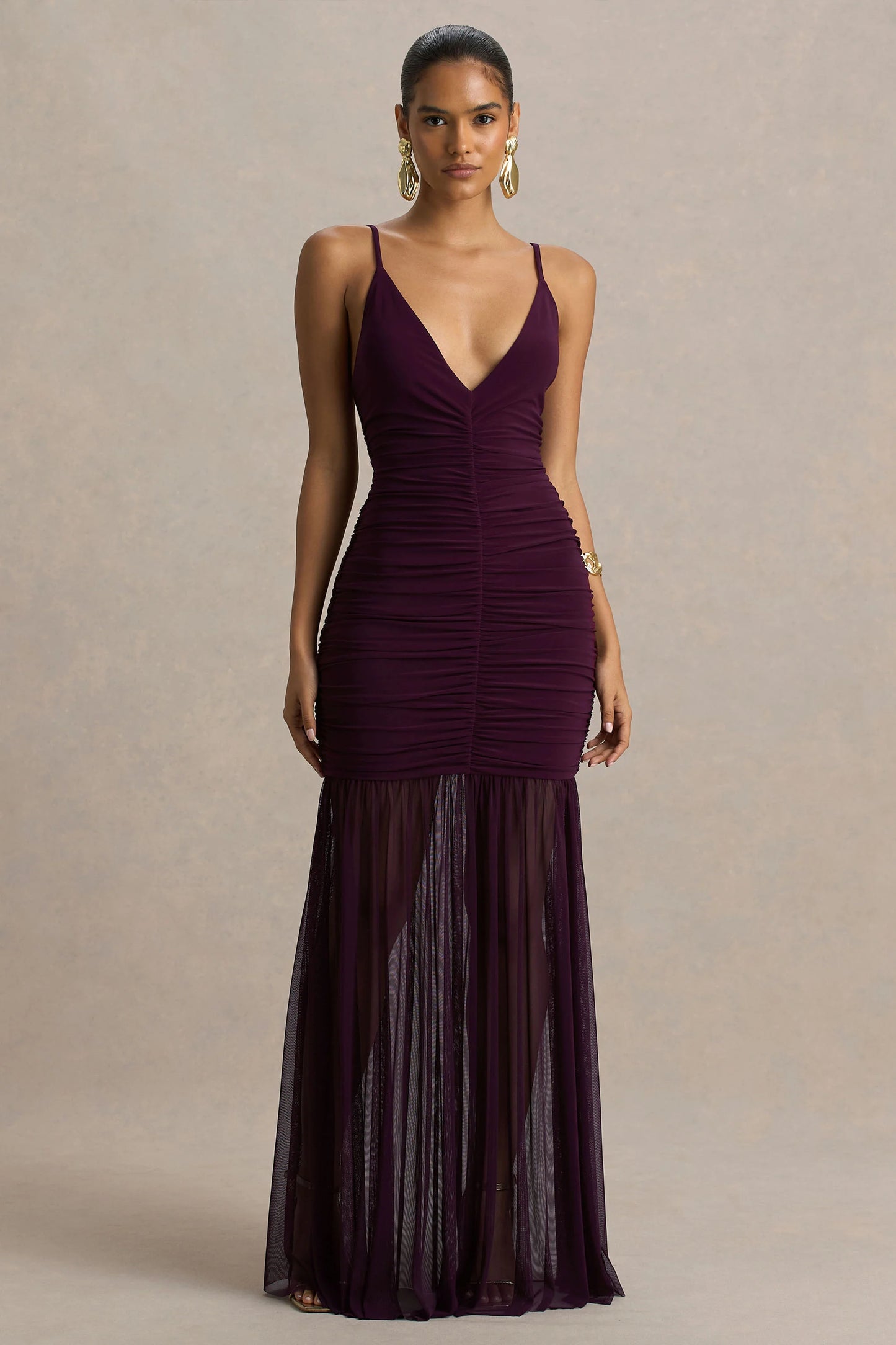 Pasqualina Plum Ruched Plunge-Neck Maxi Dress