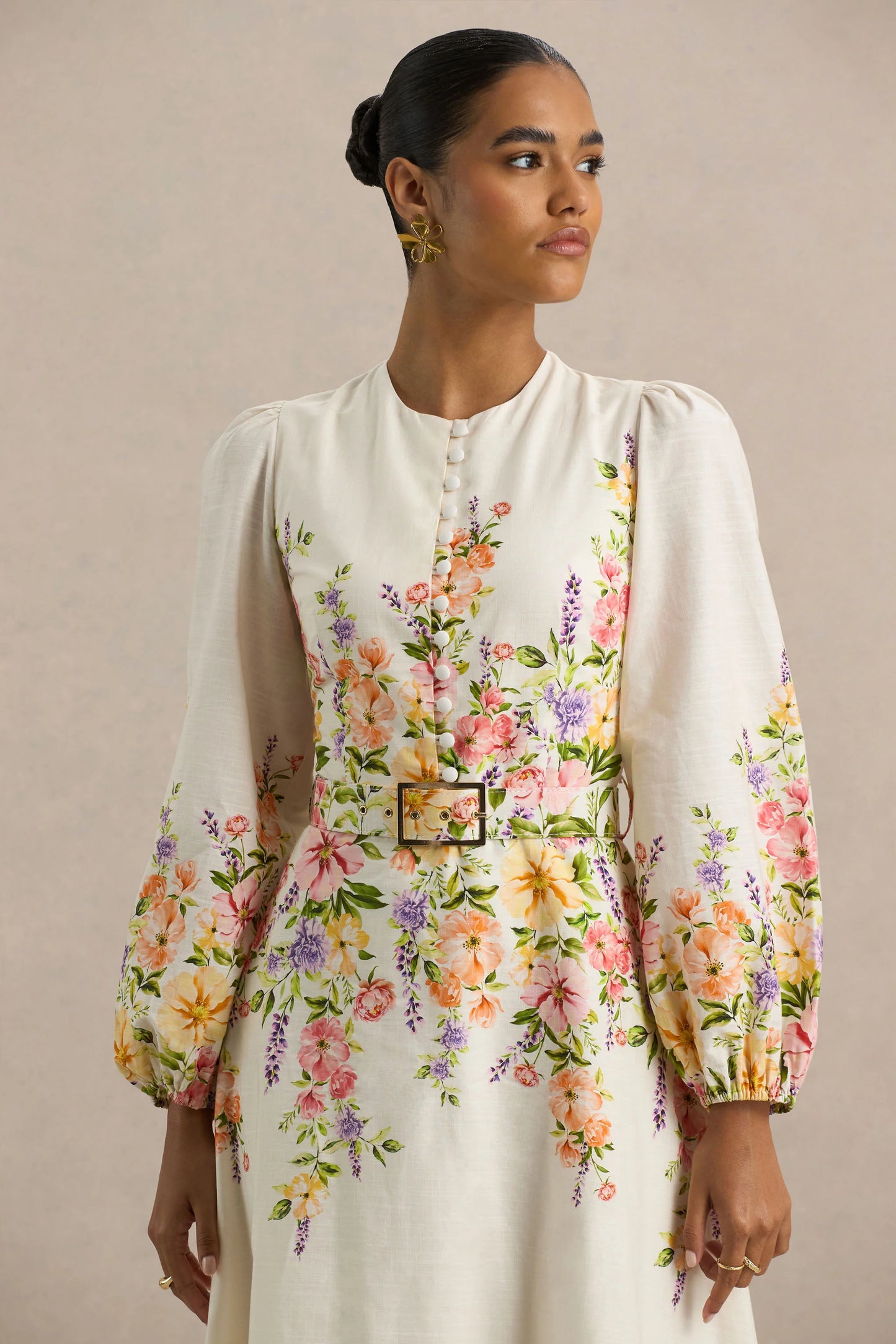 Dahlia White Floral Border Print High-Neck Midi Dress