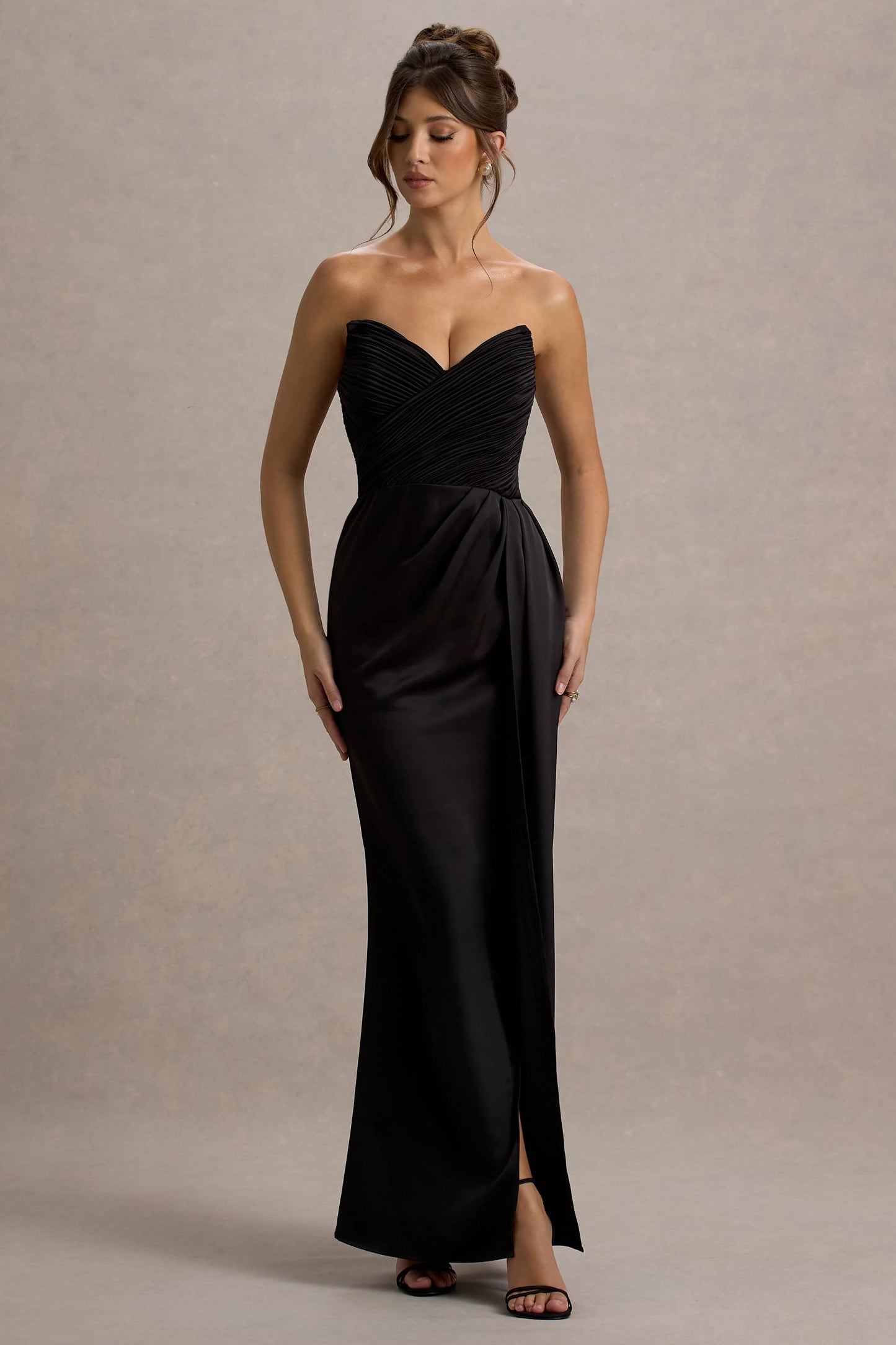 Edel Black Satin Strapless Maxi Dress With Drape
