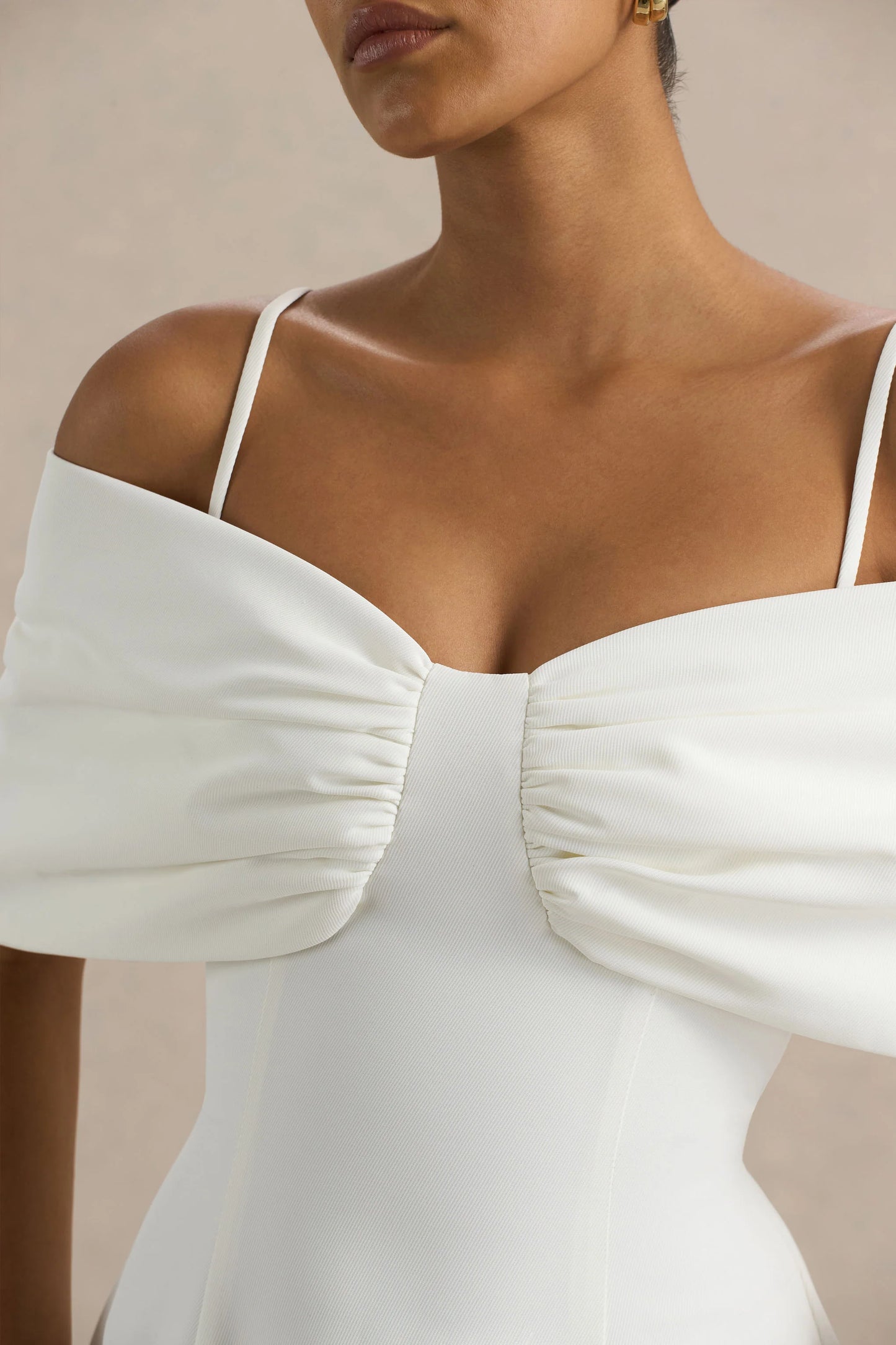 Hettie White Short-Sleeve Bardot Midi Dress With Bow Detail