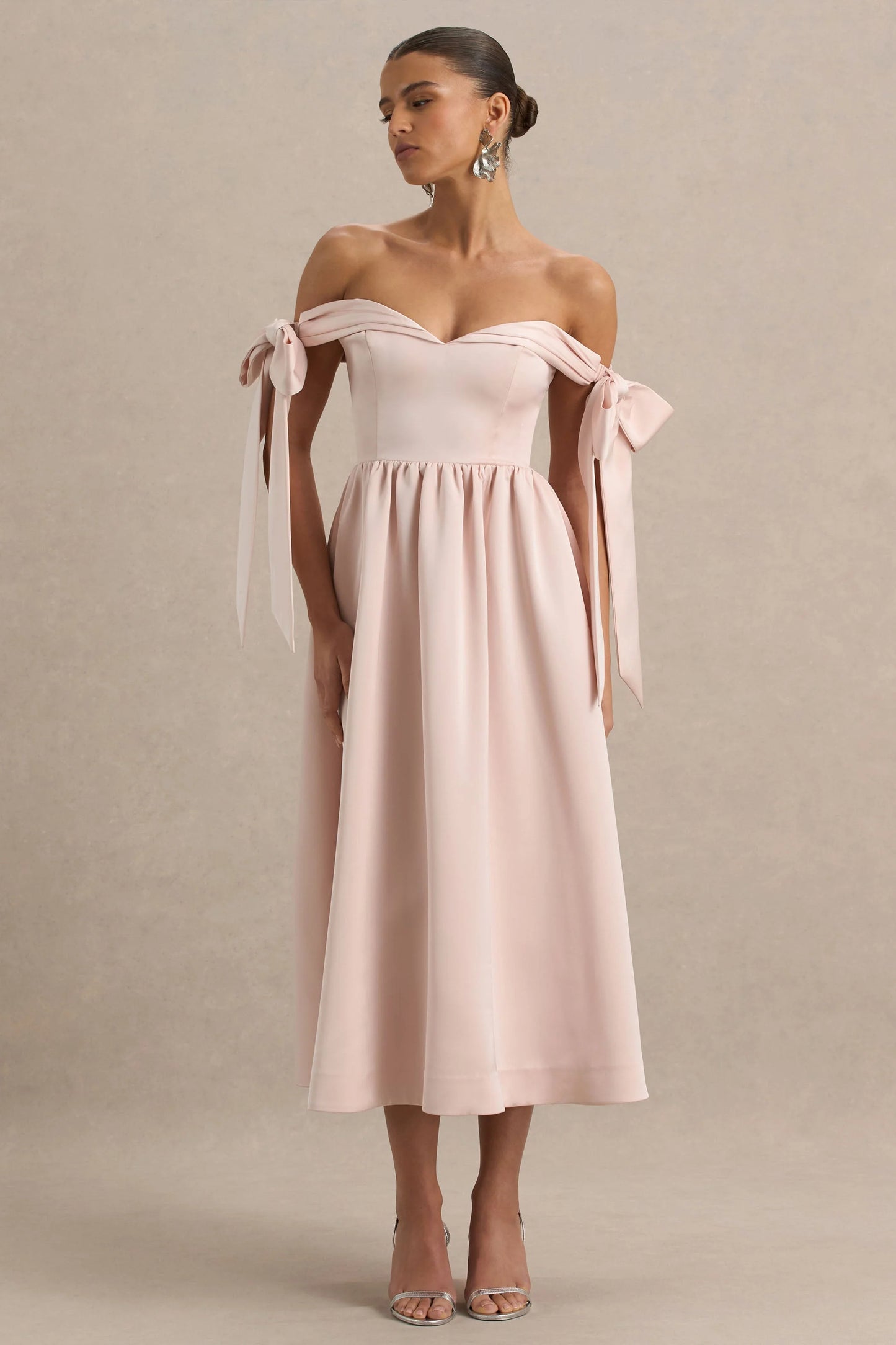 Agafay Rose Pink Satin Short-Sleeve Bardot Wrap Midi Dress With Bow Detail