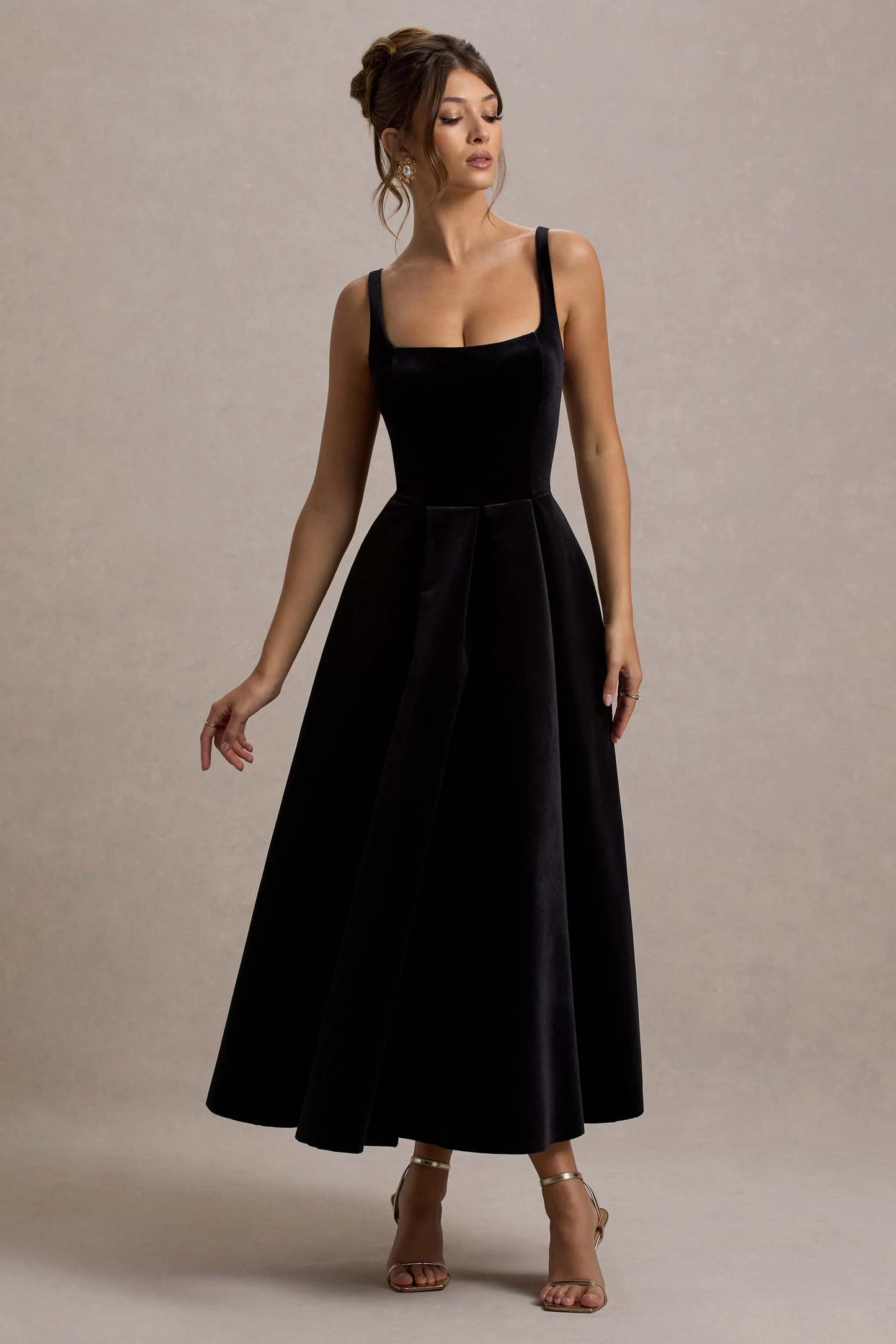 Francisca Black Velvet Strappy Volume-Hem Midi Dress