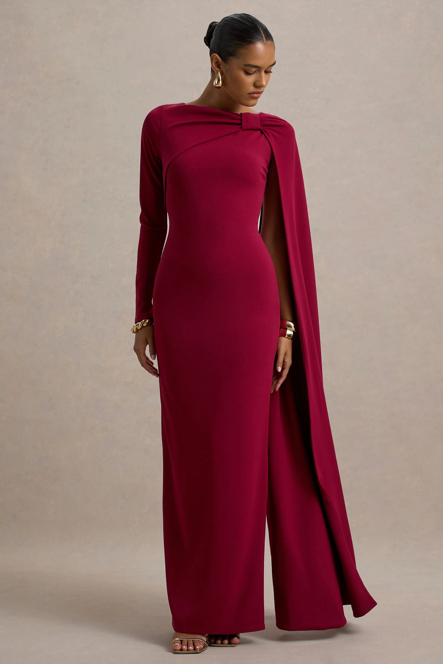 Frances Burgundy High-Neck Maxi Dress With Cape Detail