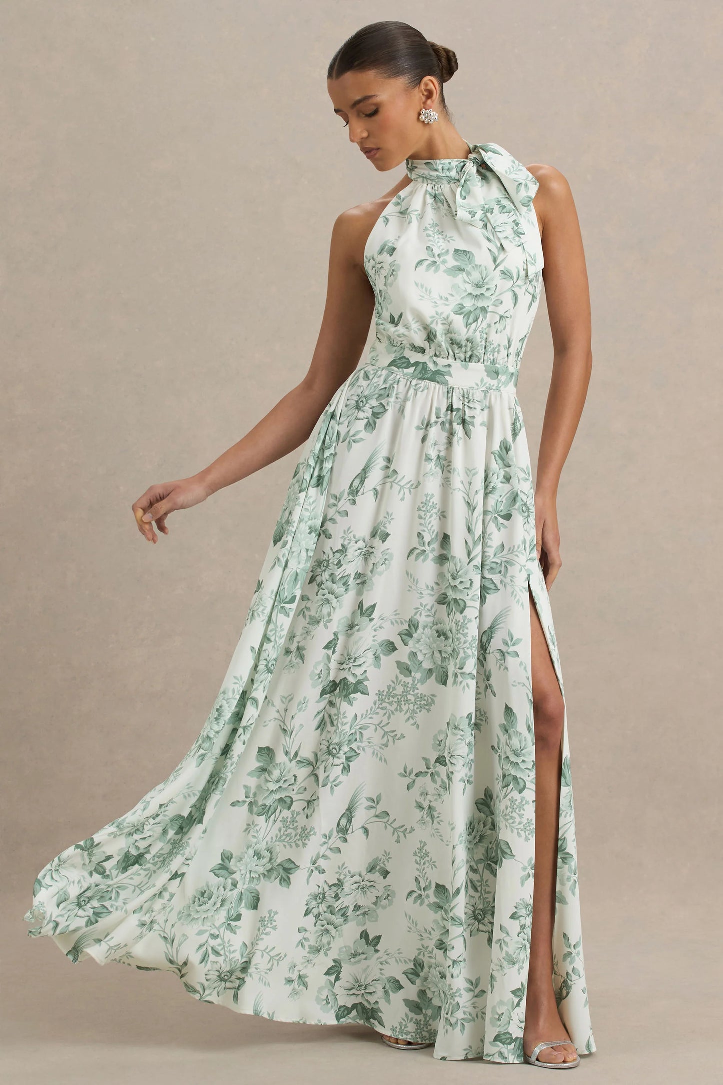 Talia Green Floral Print High-Neck Maxi Dress With Front High Split