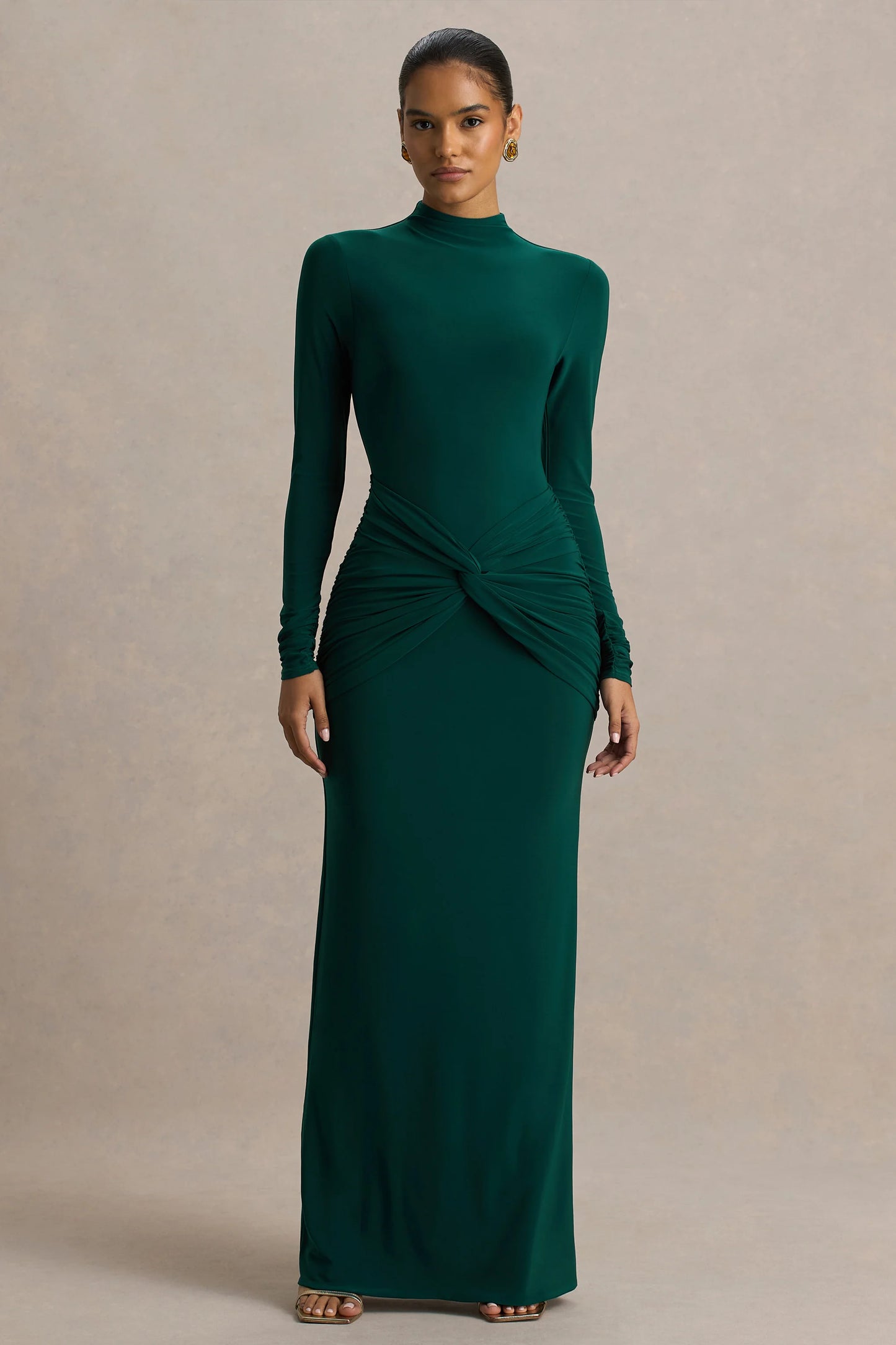 Alula Bottle Green High-Neck Maxi Dress With Twist Detail
