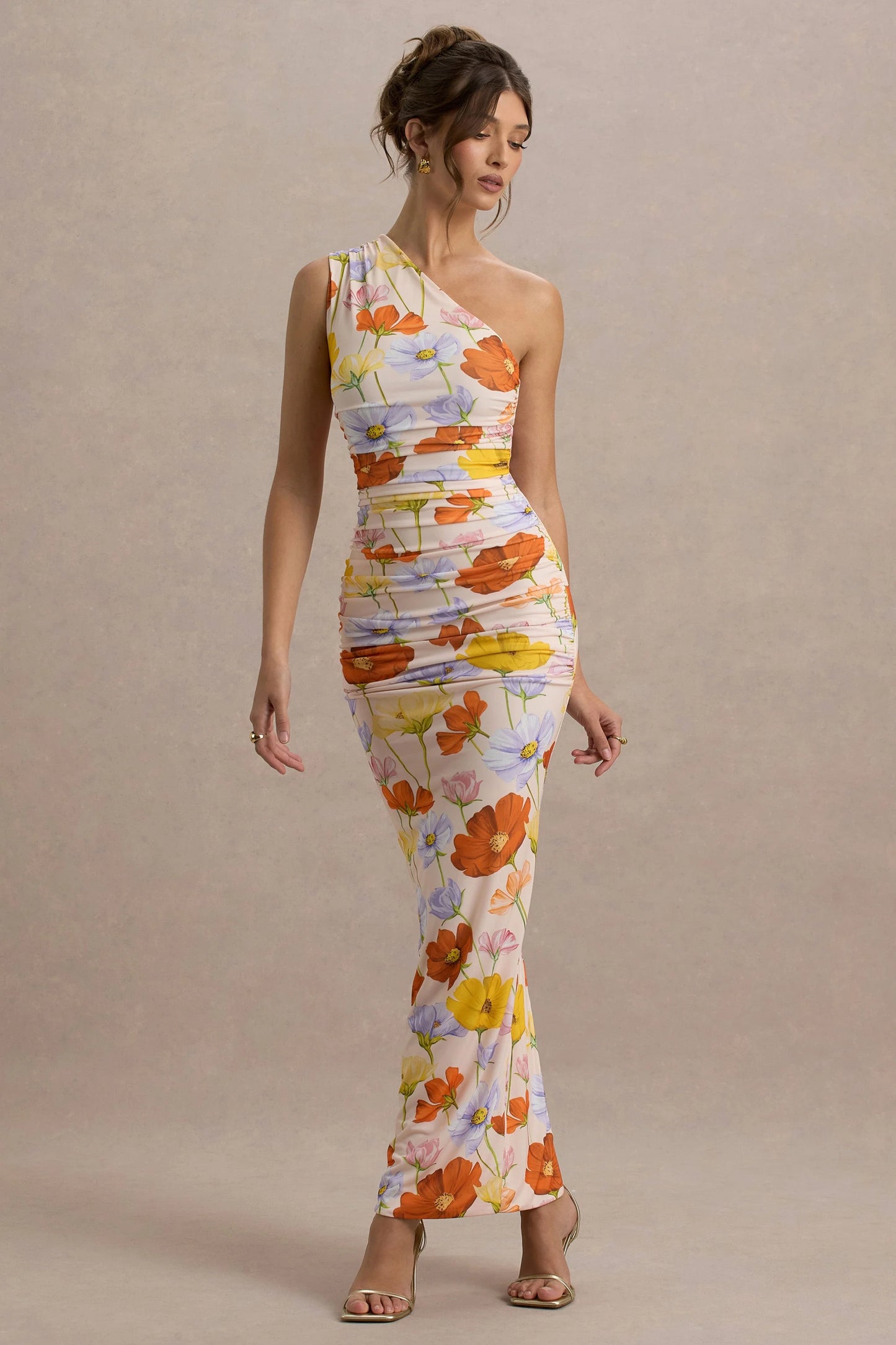 Dalarie Bright Floral Print One-Shoulder Gathered Maxi Dress