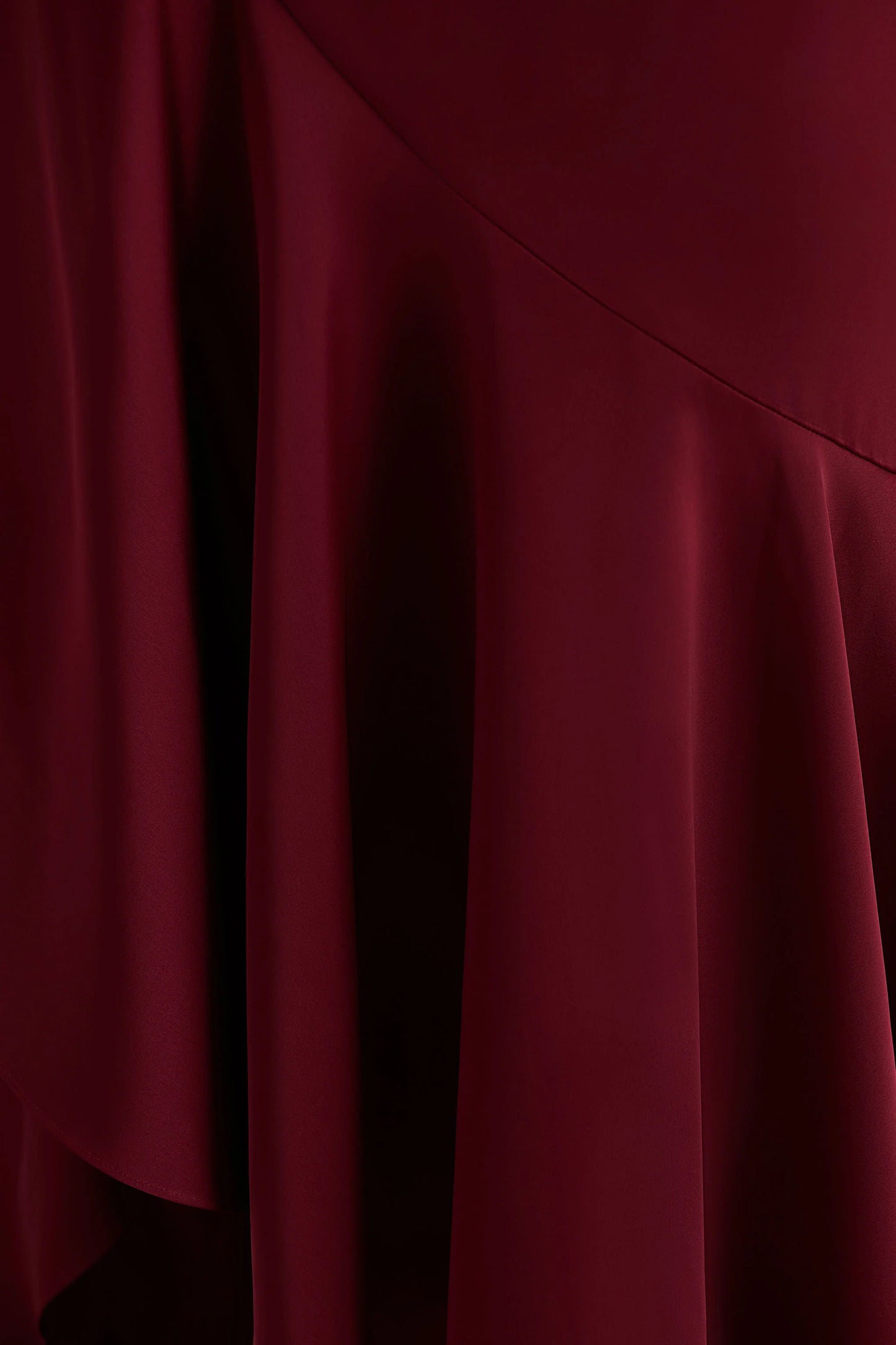 Rosy Burgundy Satin Boat-Neck Maxi Dress With Front Split And Ruffled Detailing
