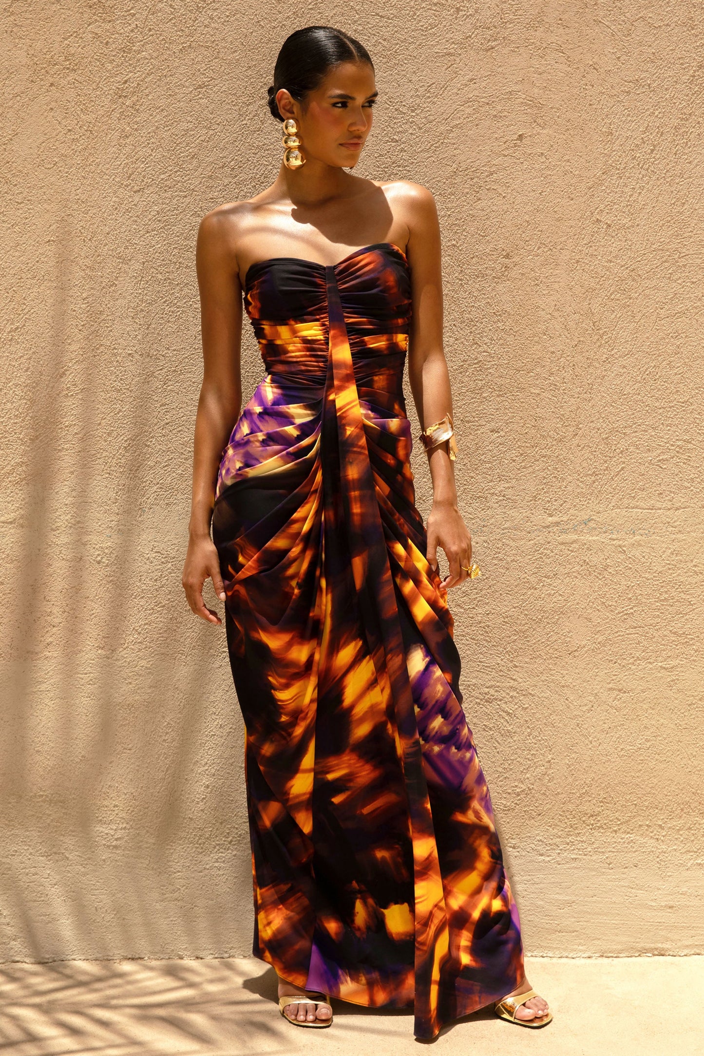 Nyra Smoke Print Sweetheart Ruched Maxi Dress