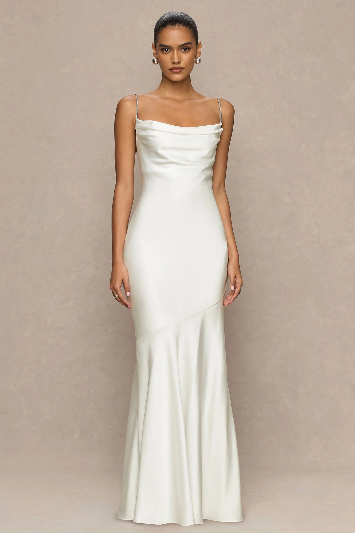 Maelia Cream Satin Cowl-Neck Maxi Dress With Diamante Straps