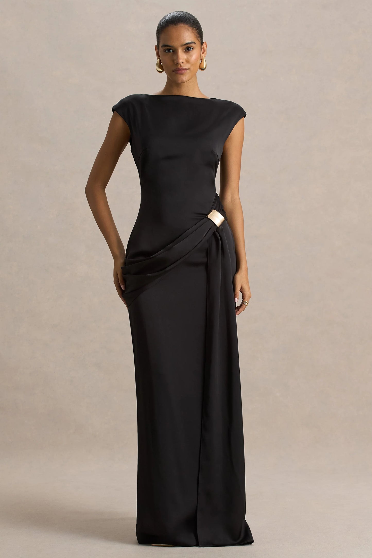 Influence Black Satin Slashed-Neck Maxi Dress With Embellished Detail And Sash