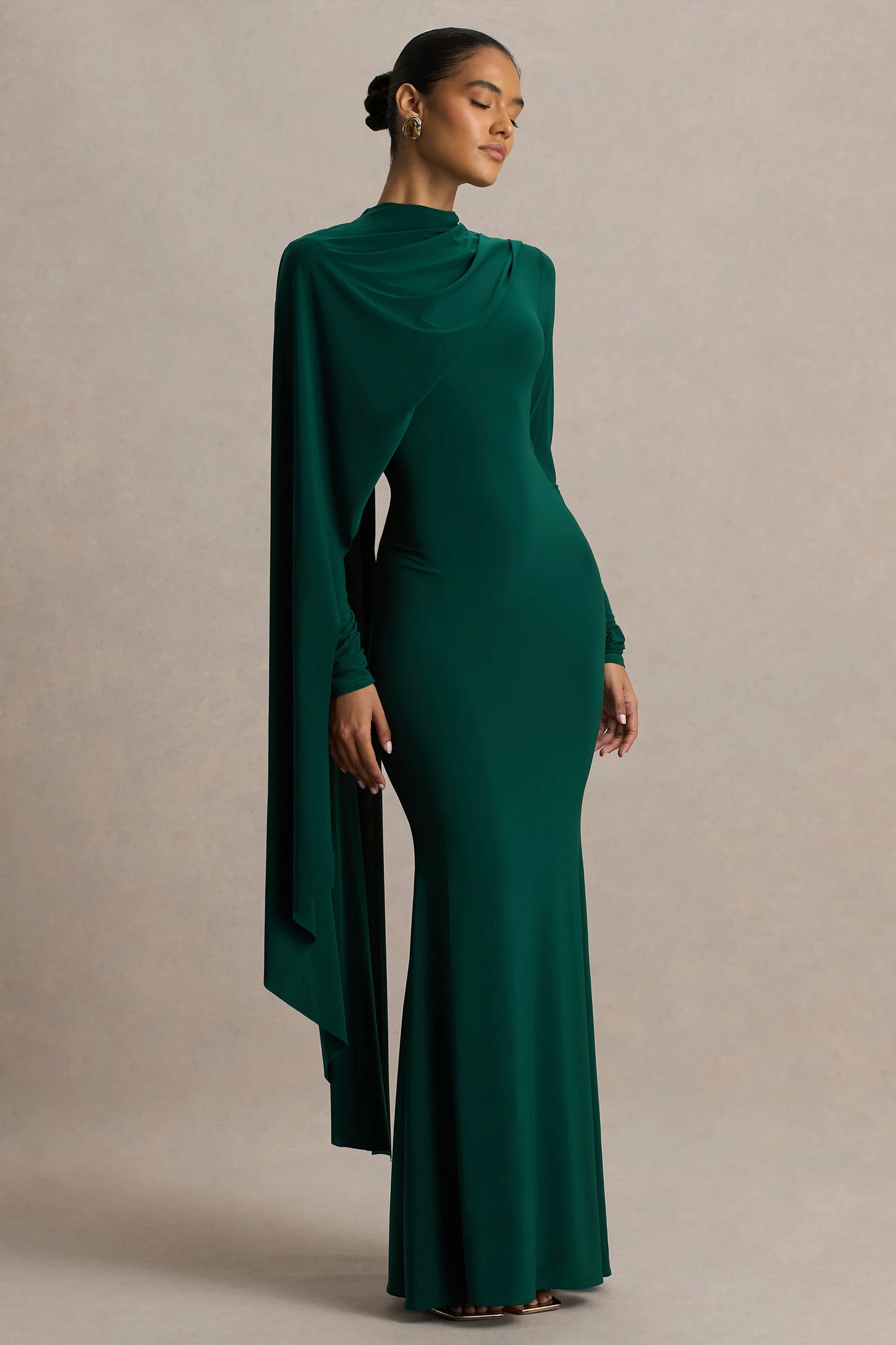 Always Bottle Green High-Neck Maxi Dress With Cape Sleeve Detail
