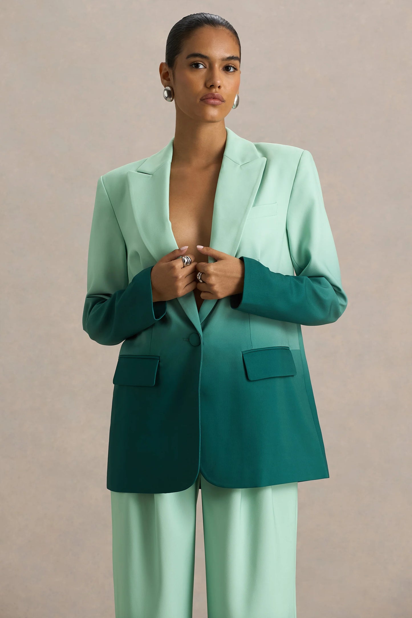 Enya Emerald Ombre Plunge-Neck Satin Blazer
