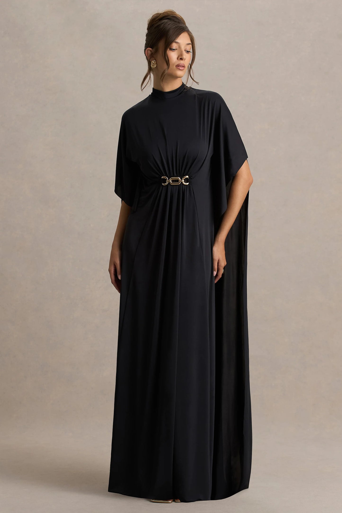 Olessia Black Belted Gathered Cape-Sleeve Maxi Dress