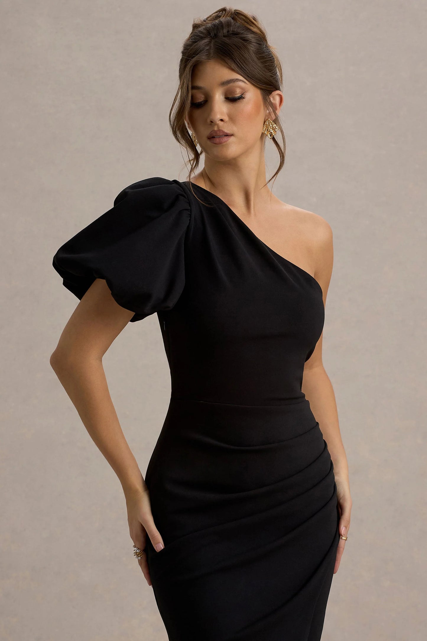 Vittoria Black Asymmetric Puff-Sleeve Split Maxi Dress