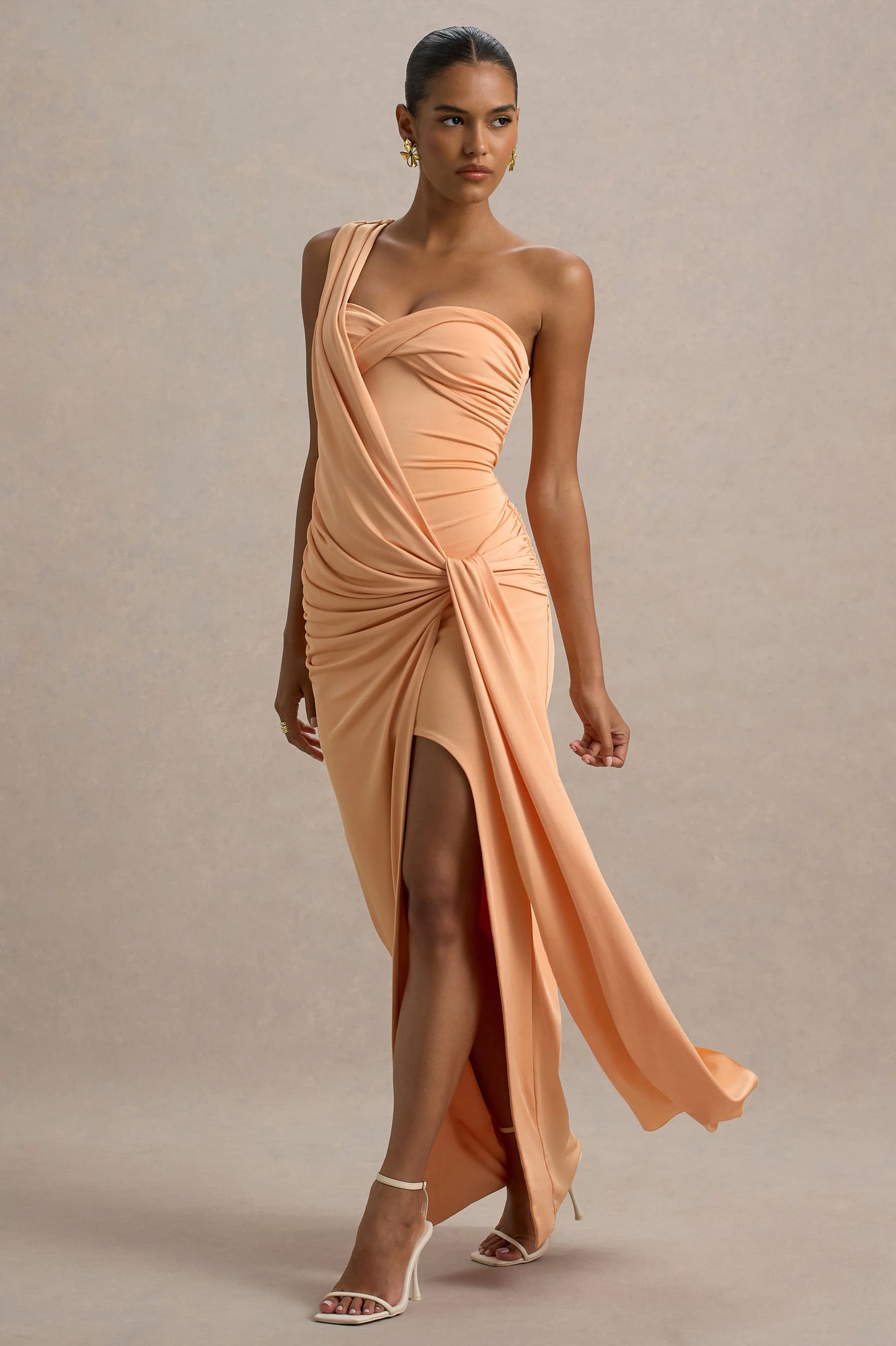 Erminia Peach One-Shoulder Twist Wrap Maxi Dress