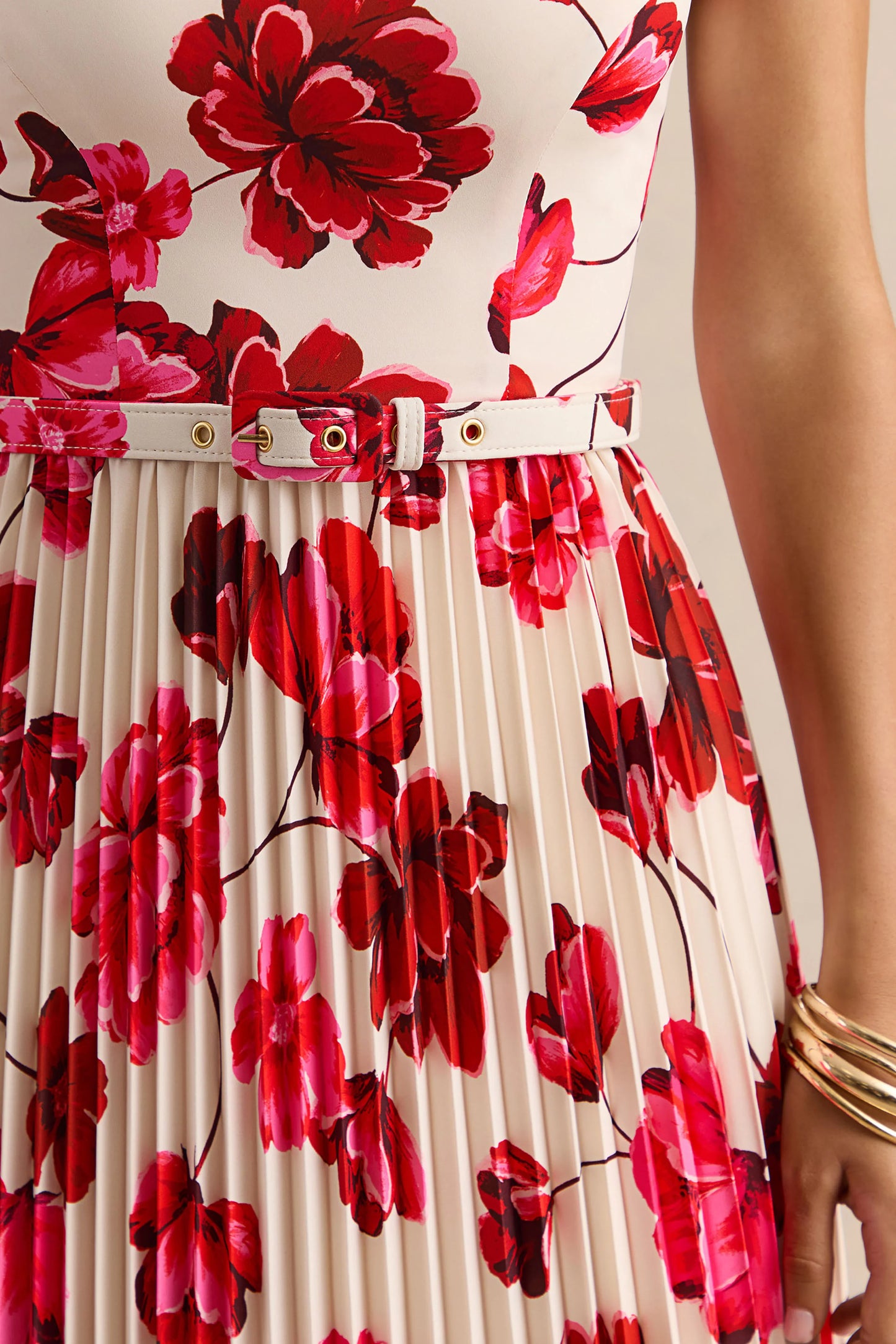 Danika Hot Pink Floral Print Square-Neck Belted Maxi Dress With Pleated Skirt