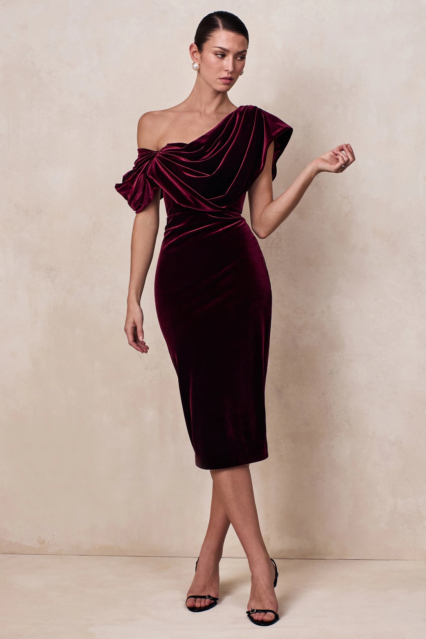 High End Burgundy Velvet Asymmetric-Neck Midi Dress With Draped Detailing