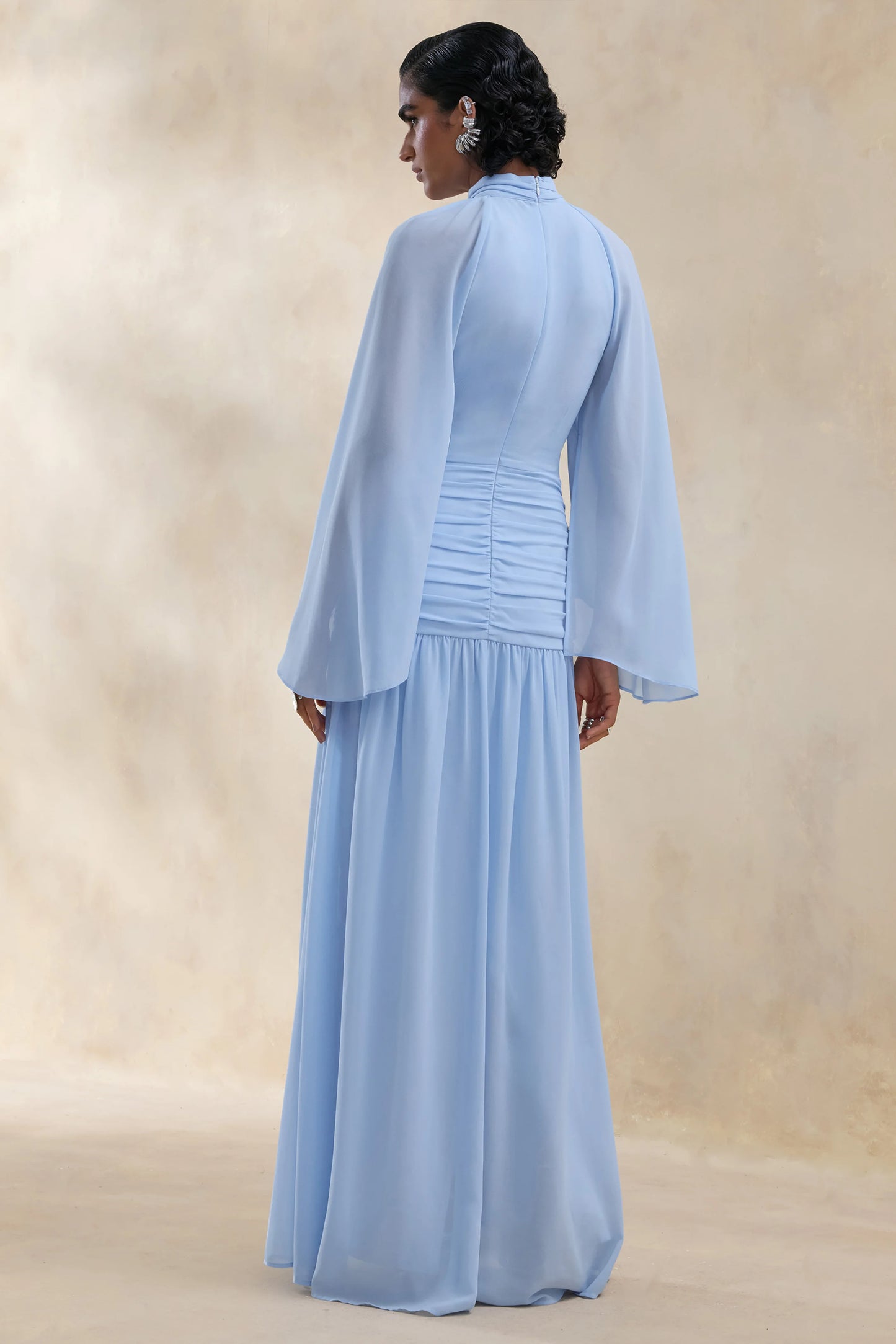 Narella Blue Chiffon High-Neck Maxi Dress With Draped-Detailing