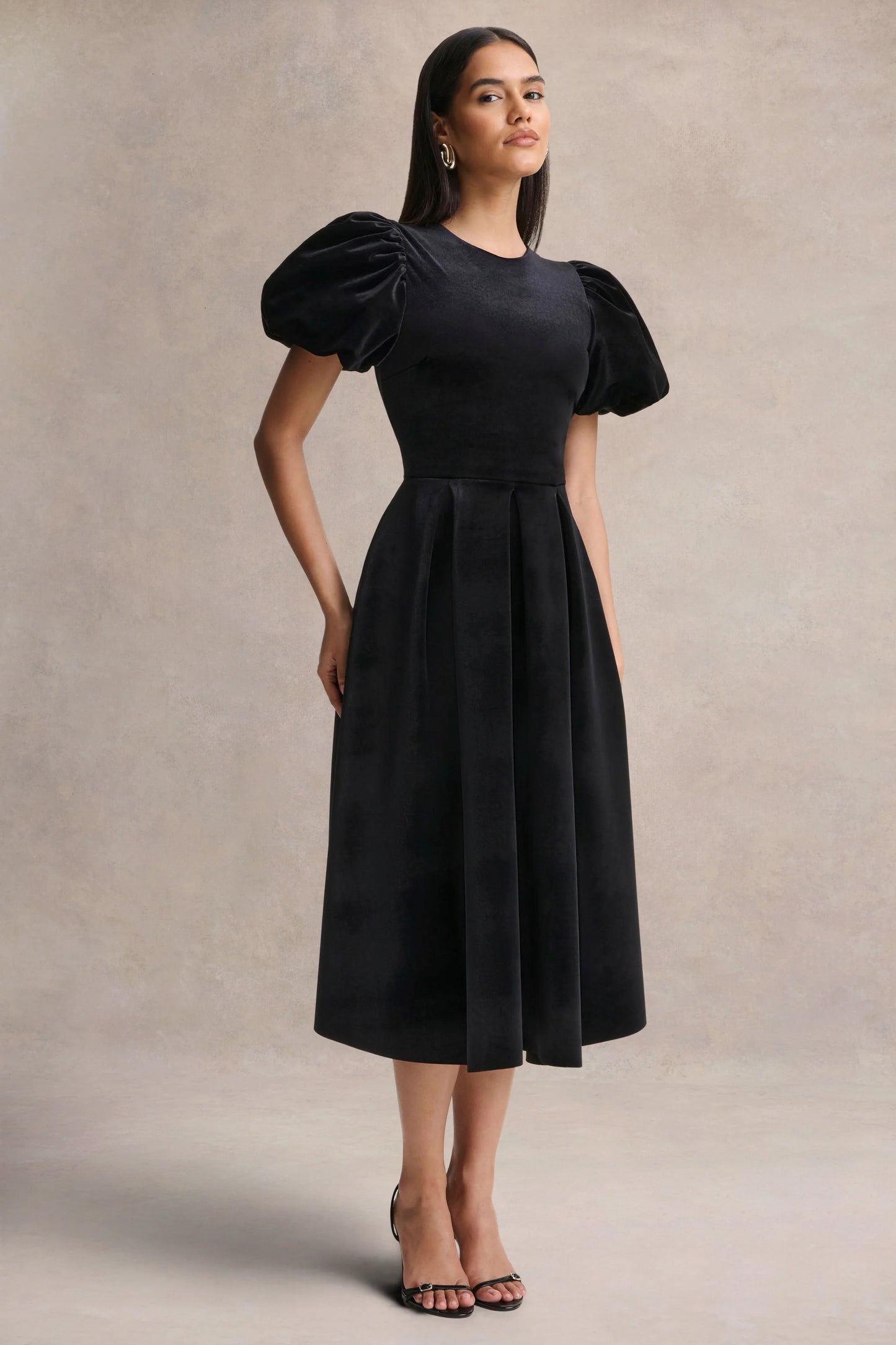 Seraphic Black Velvet Puff-Sleeve Midi Dress