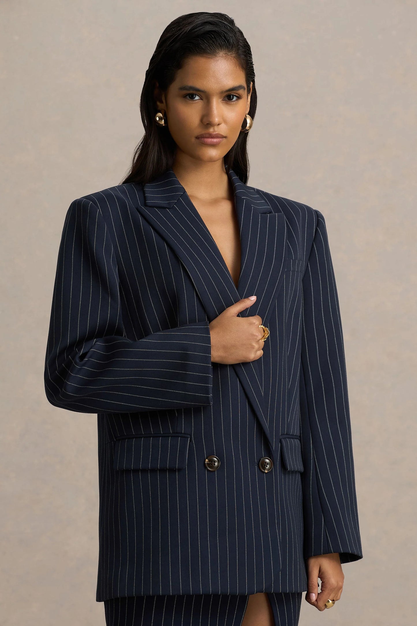 Alana Navy Pinstripe Plunge-Neck Oversized Blazer