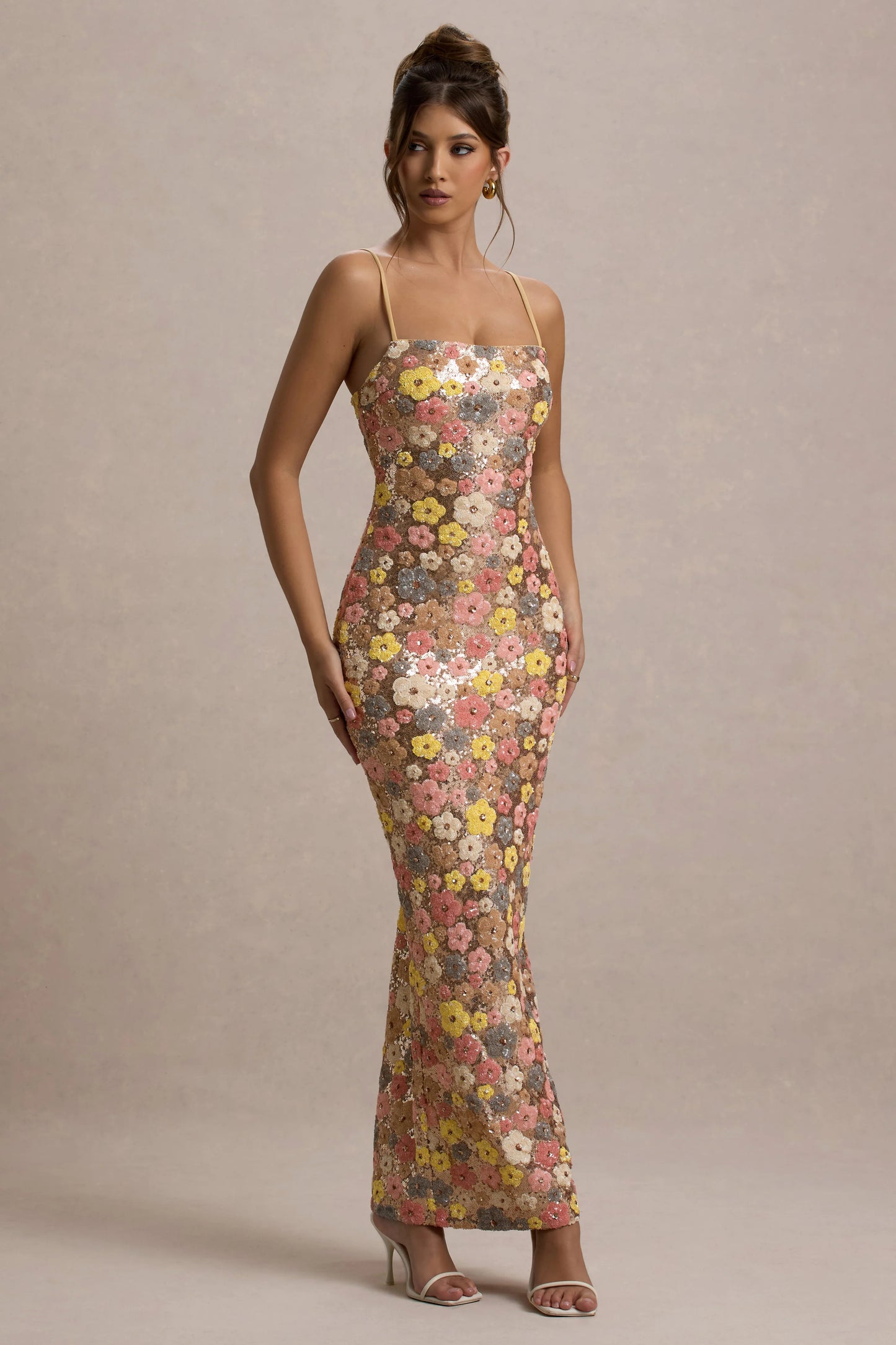 Vitora Pastel Floral Print Embellished Sequin Square-Neck Maxi Dress