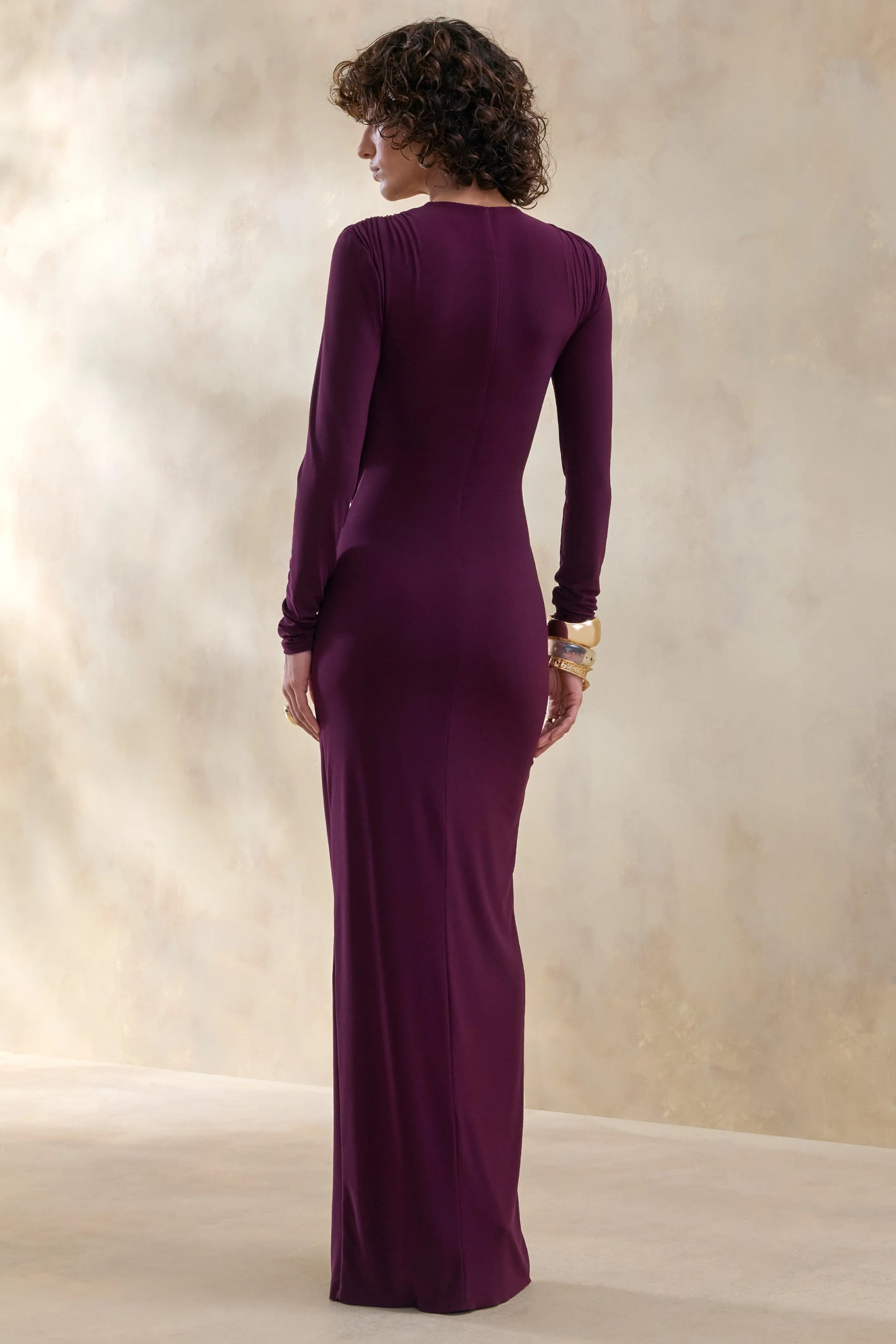 Desirelle Plum Crew-Neck Maxi Dress With Gathered-Detailing