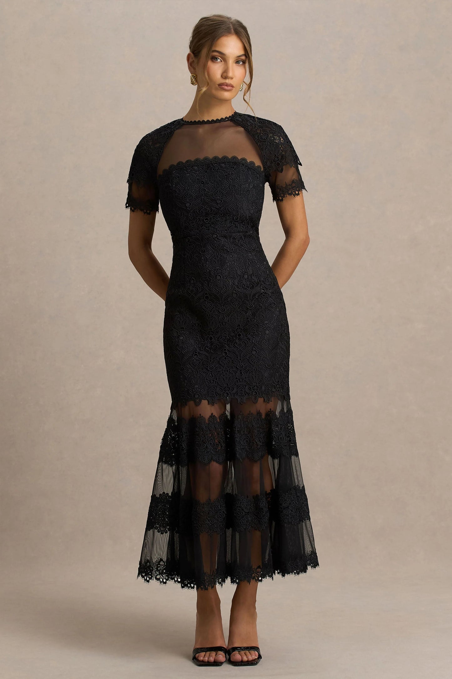 Leanne Black Mesh And Lace Crew-Neck Fishtail Midi Dress
