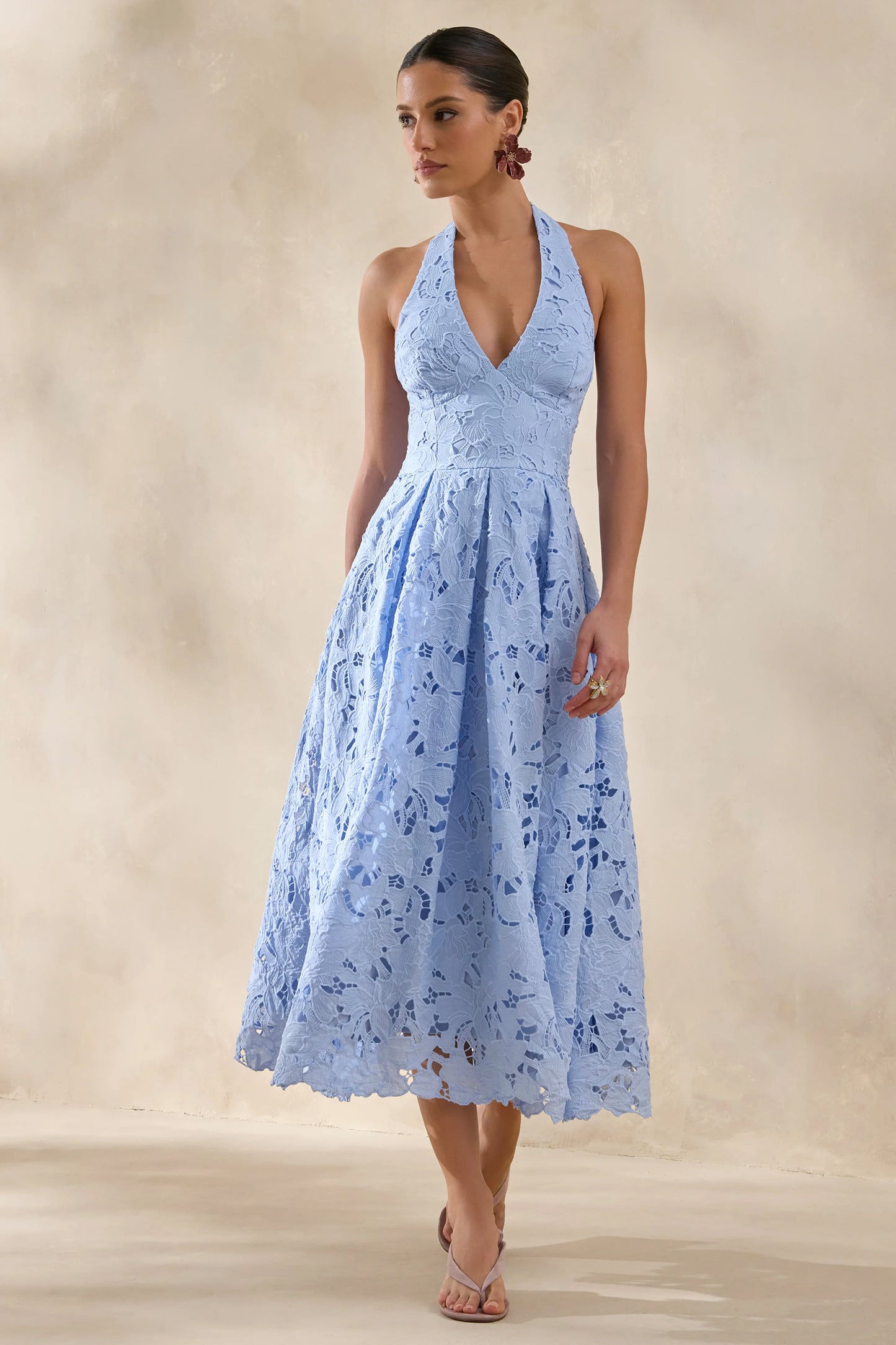 Maribel Powder Blue Lace Plunge-Neck Midi Dress