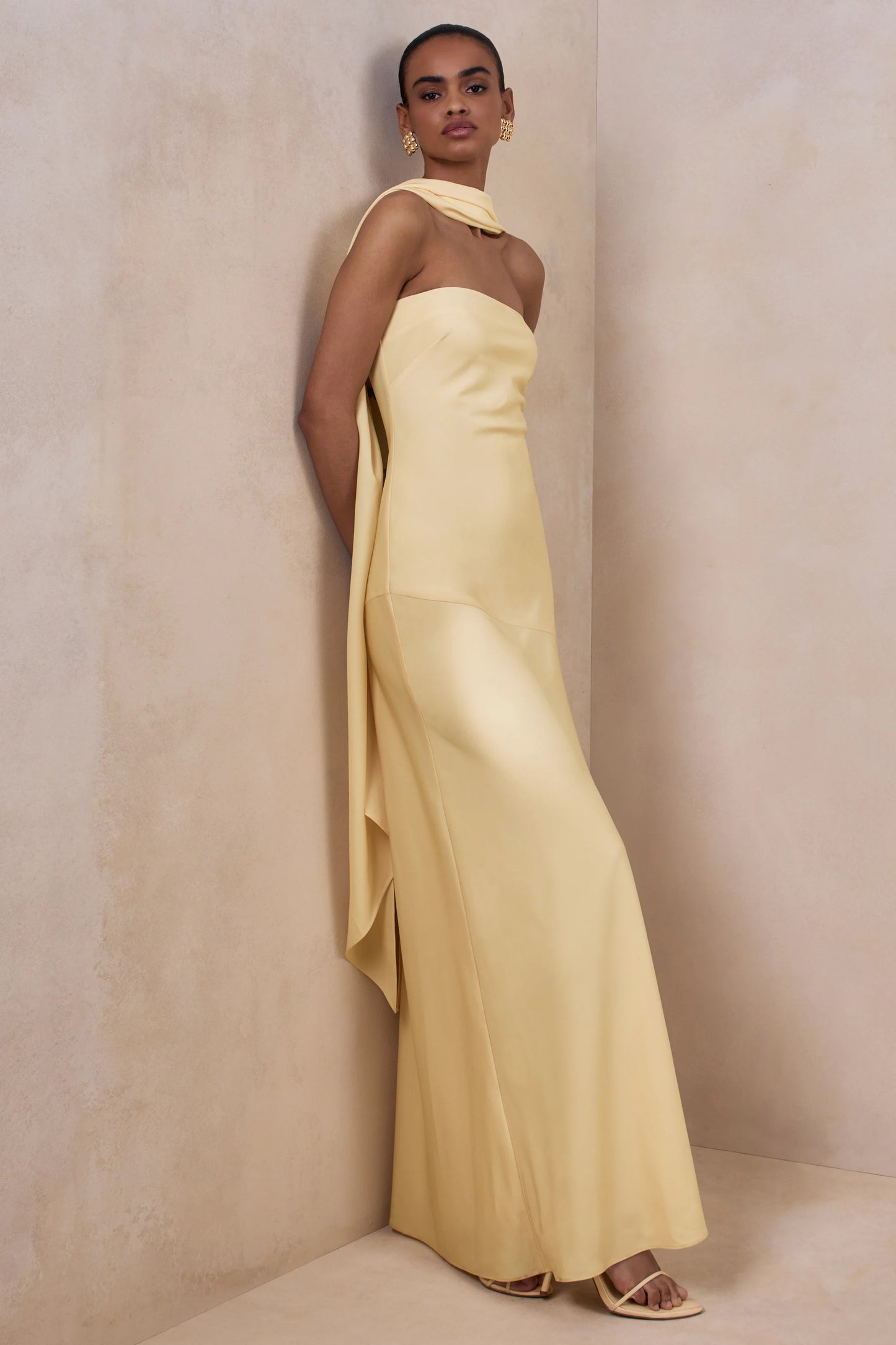 Charly Lemon Matte Satin Bandeau Maxi Dress With Scarf-Detail