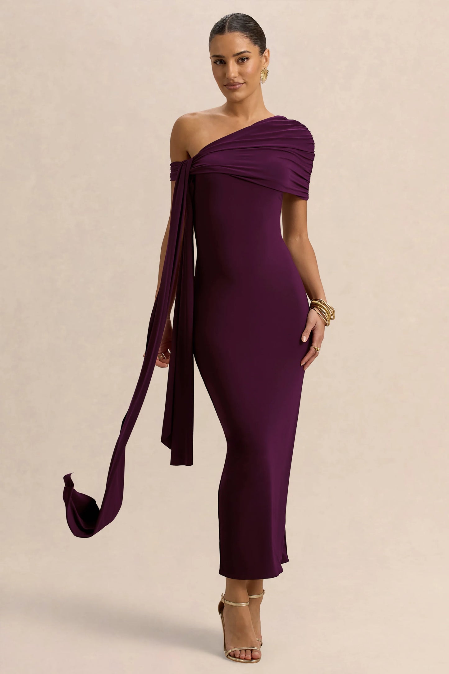 Praia Plum Asymmetric-Neck Midi Dress With Sash and Draped Detailing
