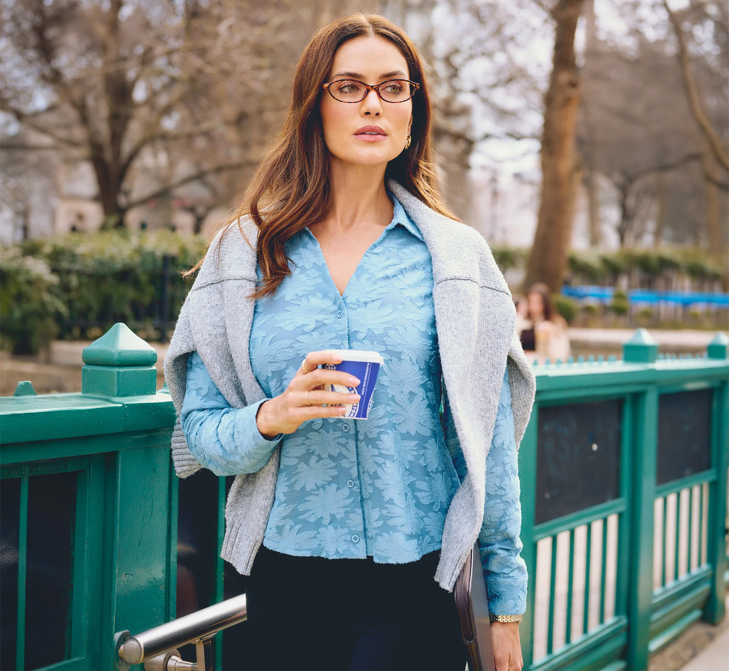 Long Sleeve Semisheer Burnout Floral Blouse In Stone Blue