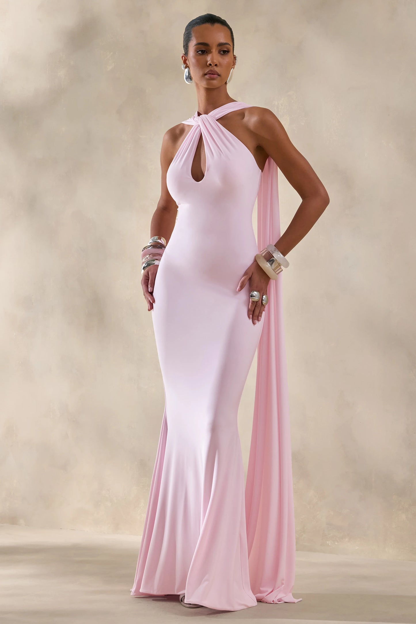 Rhoda Light Pink Twist Halter-Neck Cape Maxi Dress